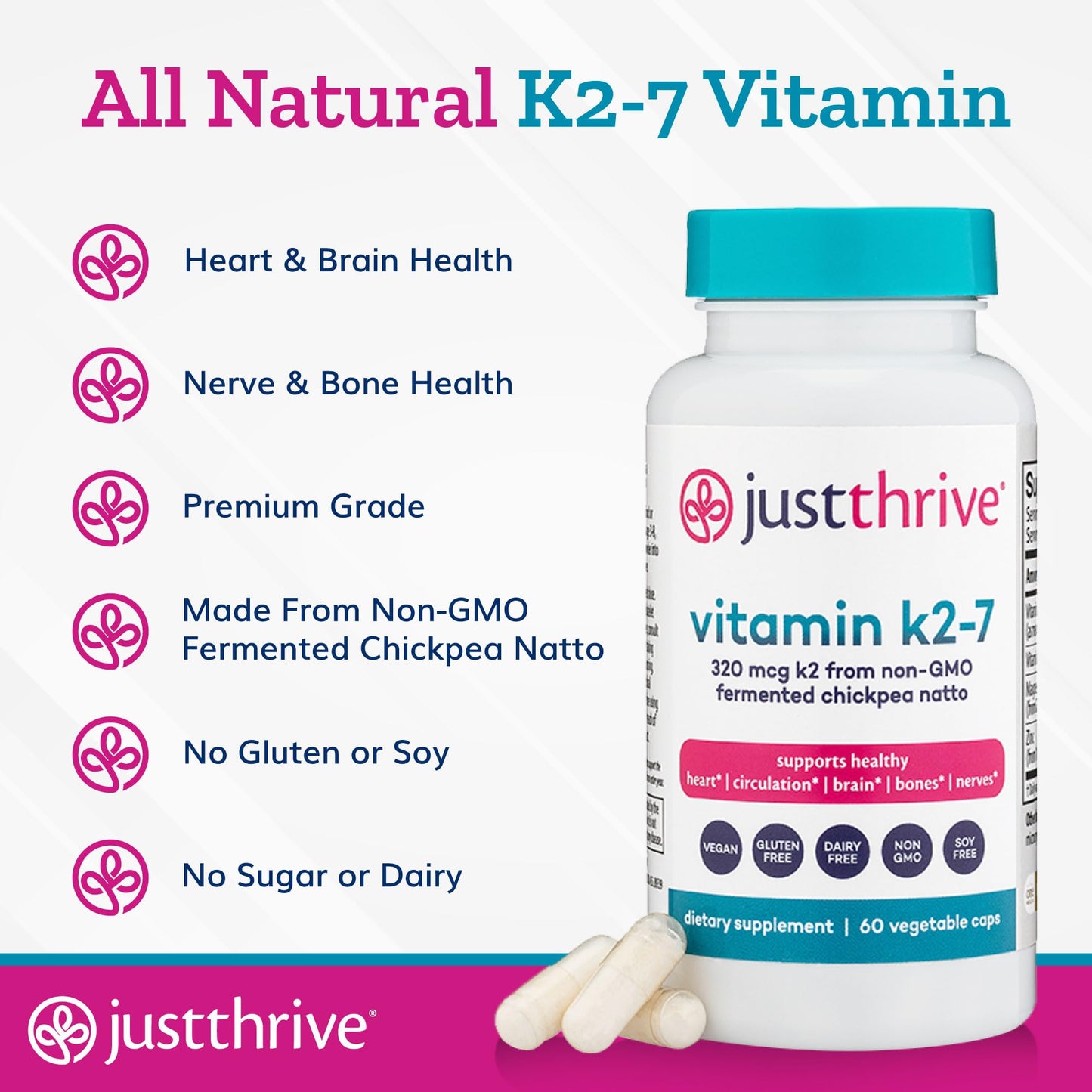 Just Thrive Vitamin K2-7 Supplement for Bone, Brain & Cardiovascular Health Capsule 60 Count