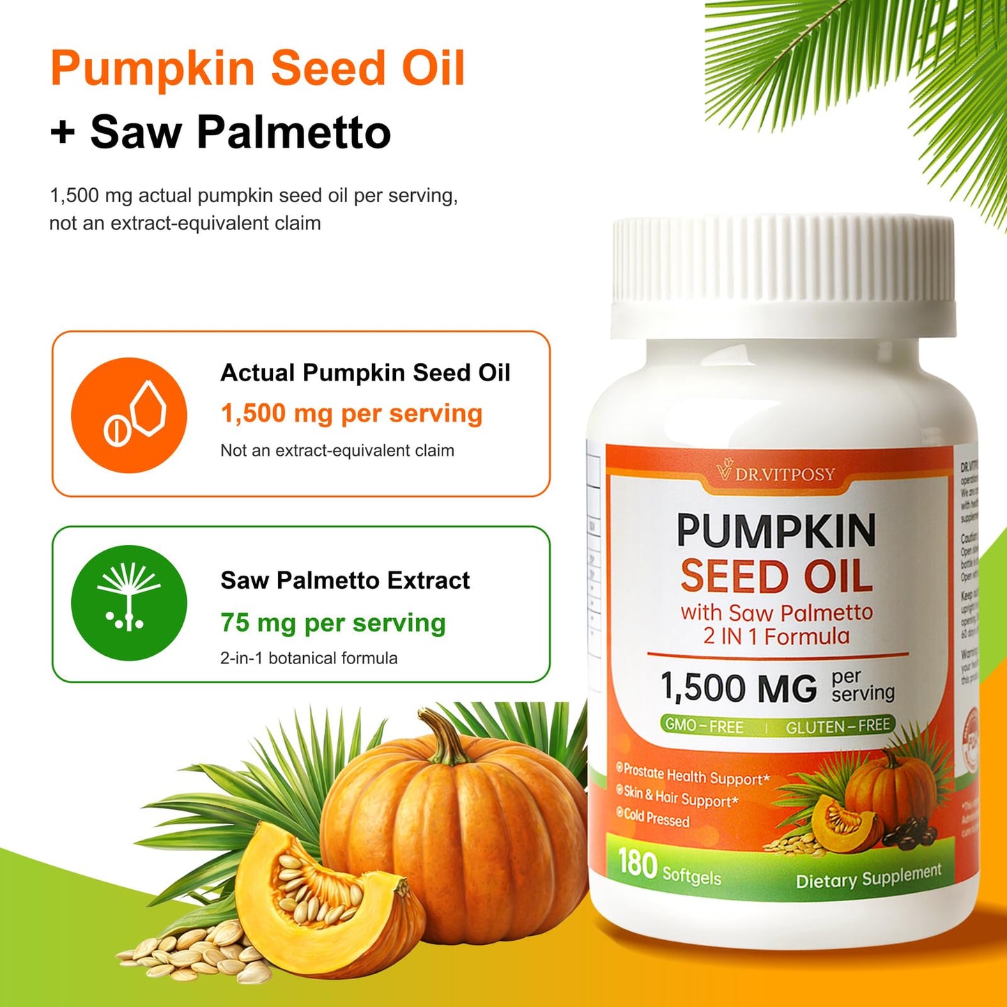 DR.VITPOSY Pumpkin Seed Oil with Saw Palmetto Softgels, 180 Count