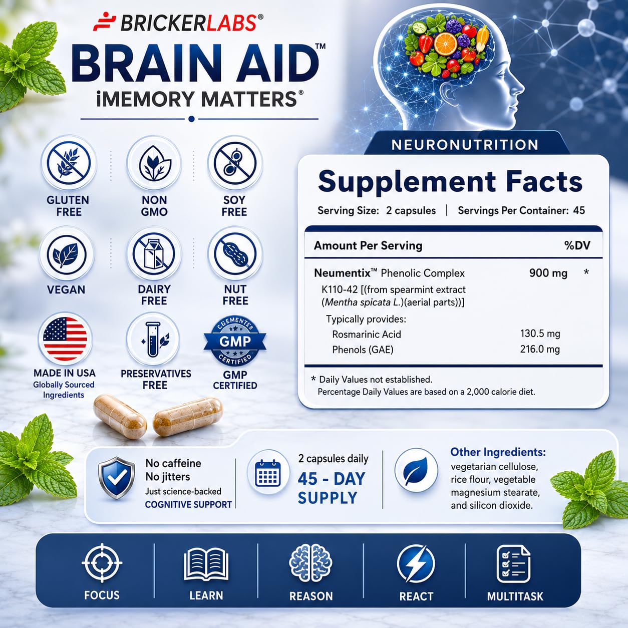 Bricker Labs Brain Aid Memory Matters Nootropic Brain Supplement with Neumentix Spearmint Extract Capsules, 90 Count