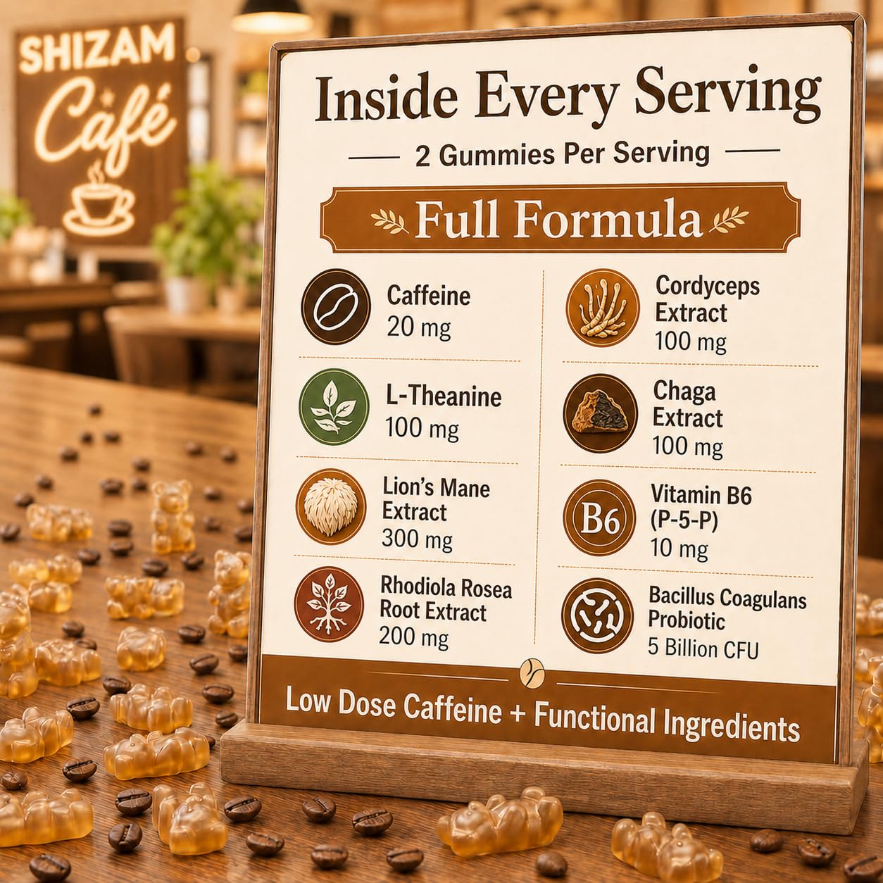 SHIZAM Mushroom Coffee Gummies with Lion’s Mane, Cordyceps, Chaga & Caffeine 60 Count