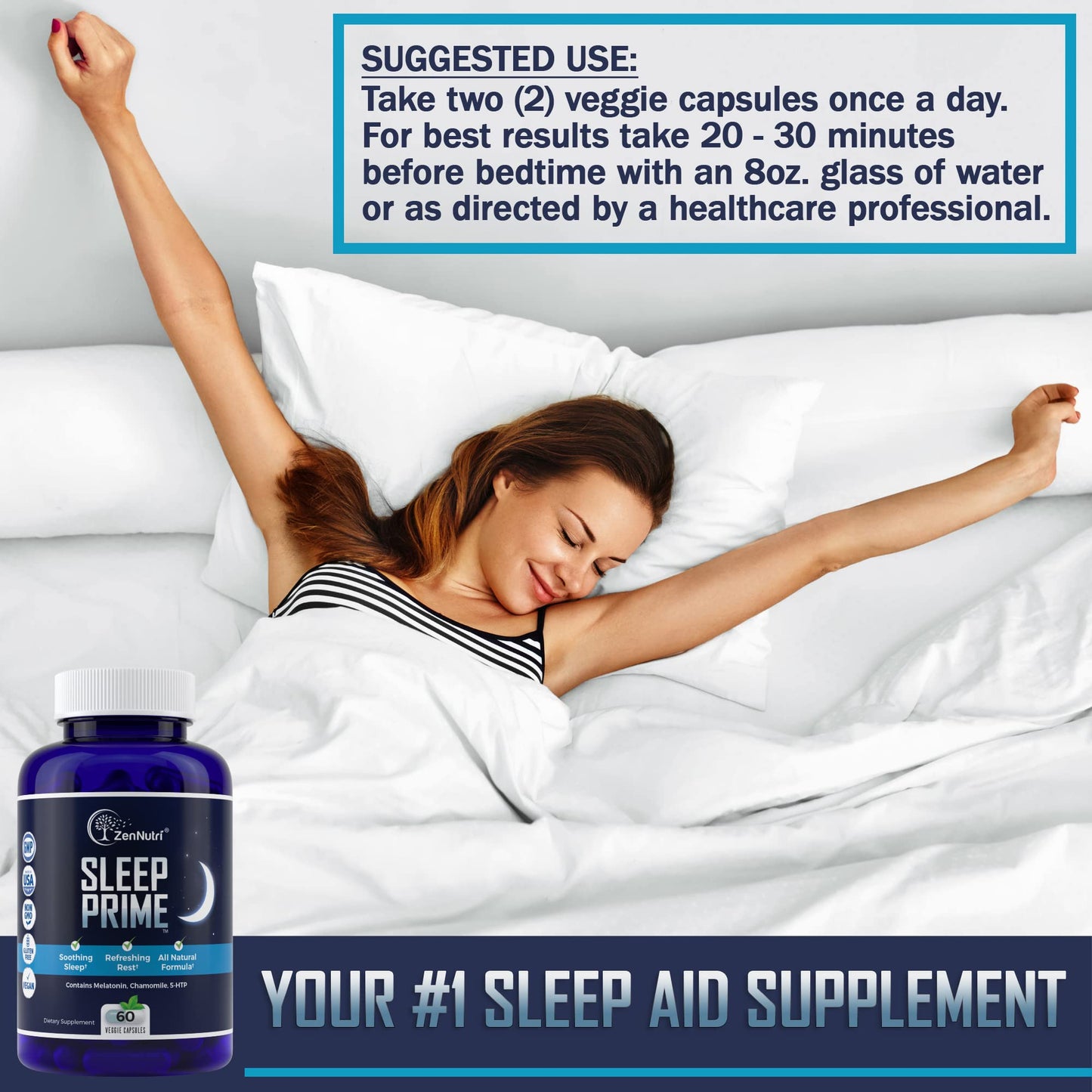 ZenNutri Sleep Prime Vegan Natural Sleep Aid Capsules, 60 Count