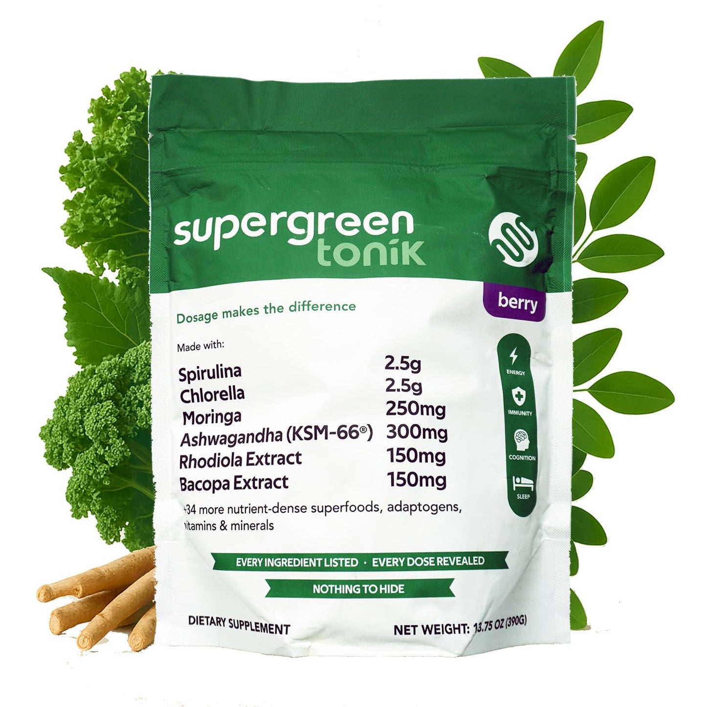 SUPERGREEN TONIK 100% Natural Greens Superfood Powder – Daily Supplement with 40 Superfoods, Vitamins and Minerals – Supports Energy, Stress and Immunity – 13.3 Ounce