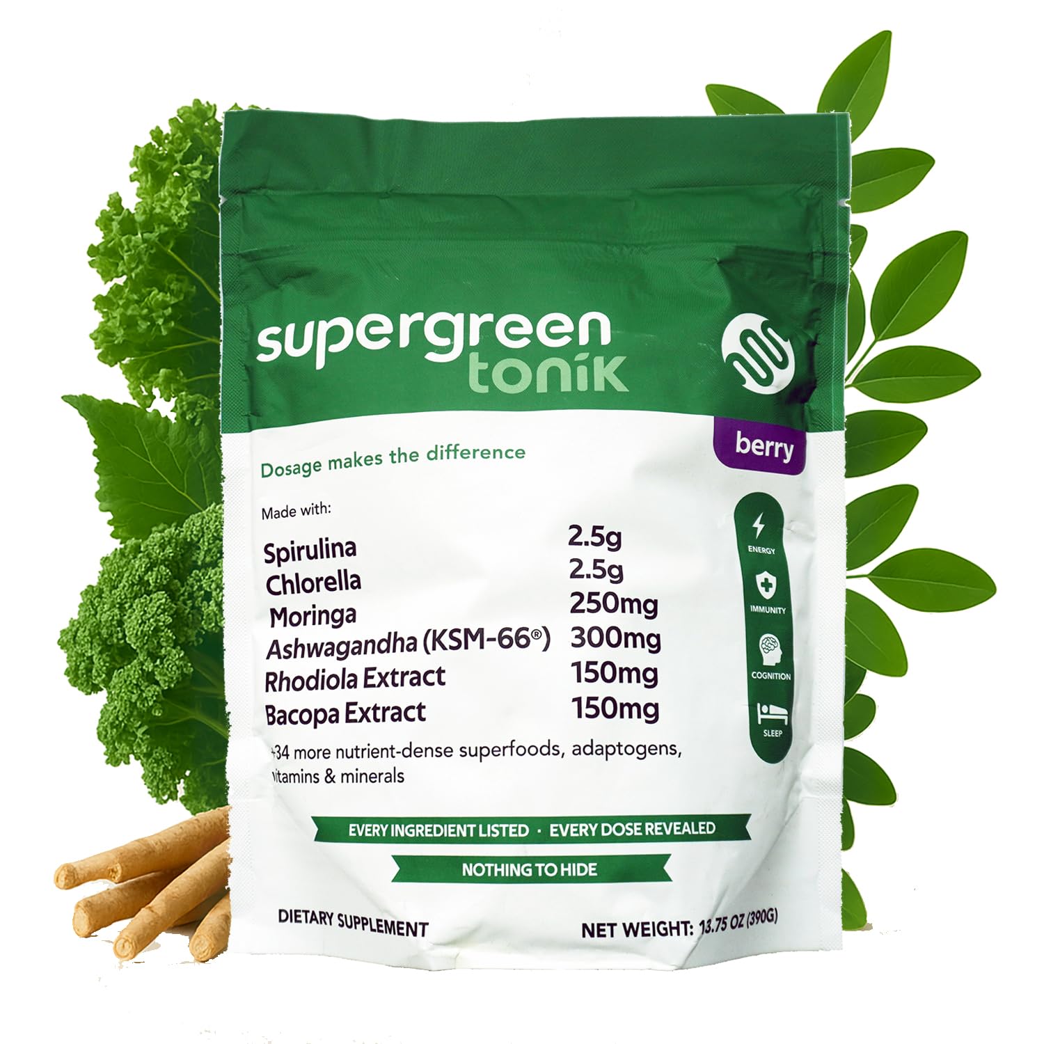 SUPERGREEN TONIK 100% Natural Greens Superfood Powder – Daily Supplement with 40 Superfoods, Vitamins and Minerals – Supports Energy, Stress and Immunity – 13.3 Ounce