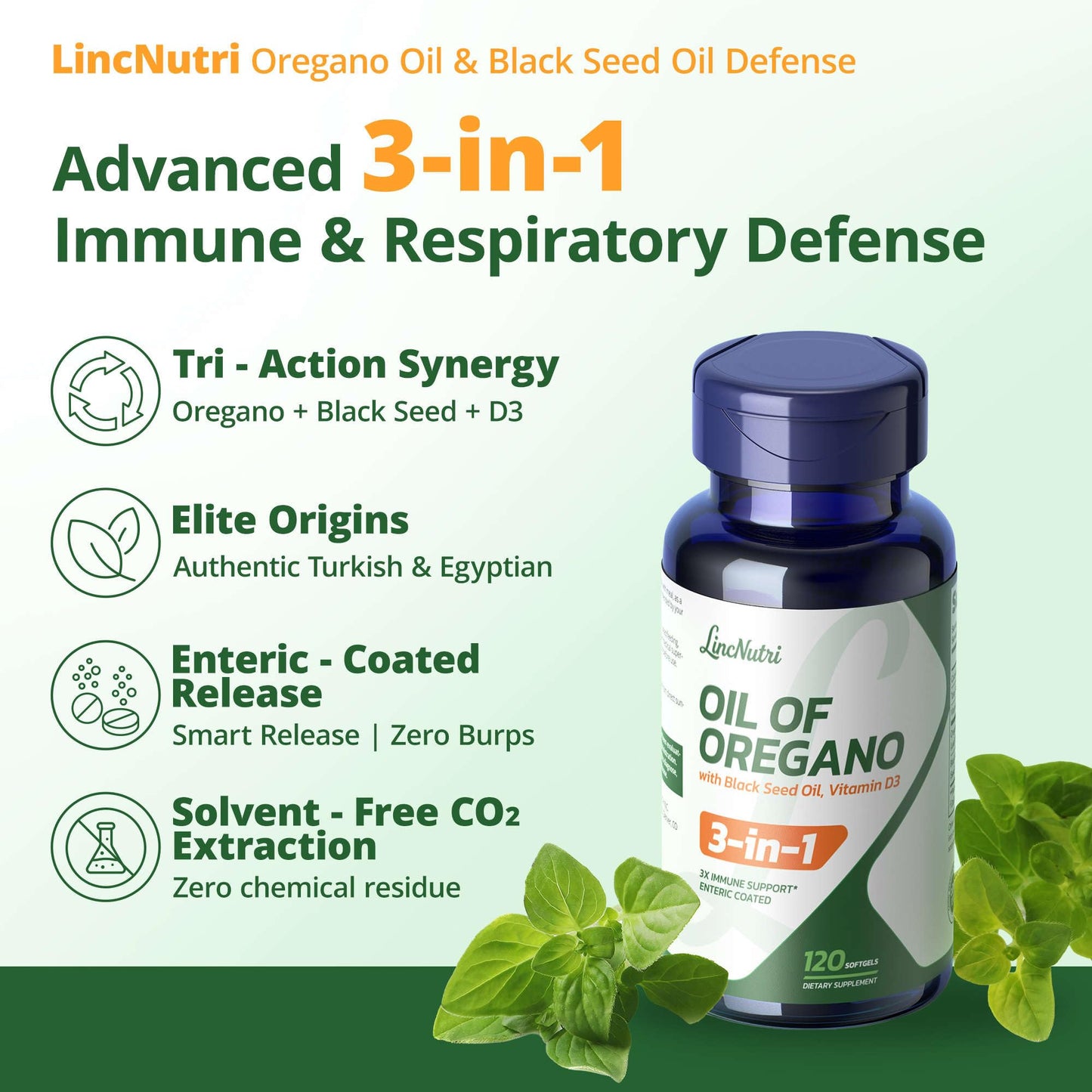 LincNutri Oil of Oregano with Black Seed Oil & Vitamin D3 165mg Carvacrol Enteric-Coated Softgels 120 Softgels