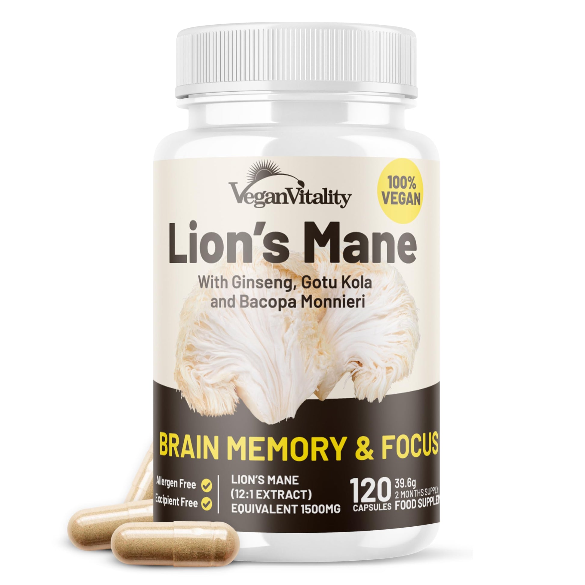 Vegan Vitality Lions Mane Mushroom Extract Capsules 120 Capsules