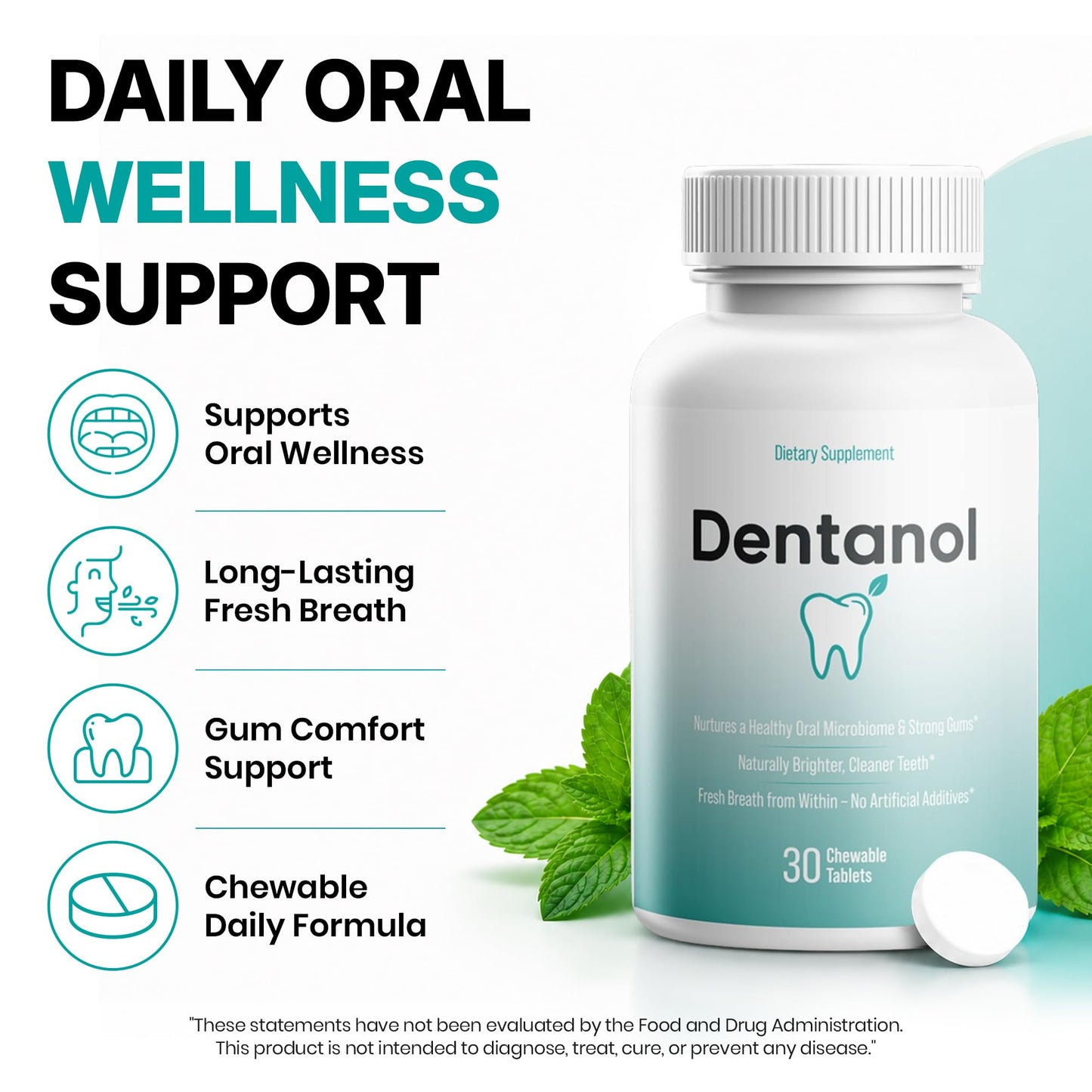 DENTANOL Oral Probiotic - Pine Resin & 4 Strains - Gum Care Chewable 180 Tablets