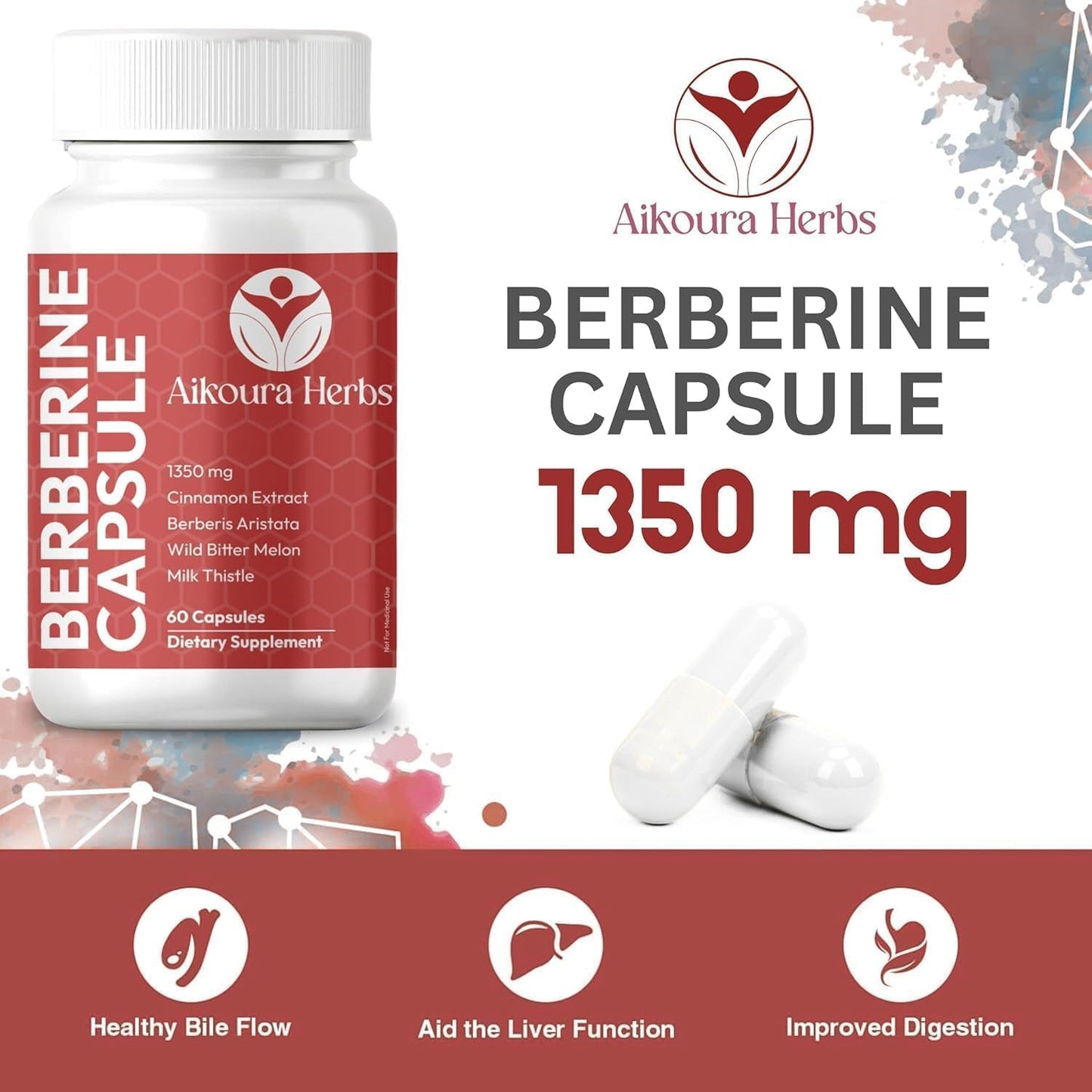 AIKOURA HERBS Berberine Complex 1350mg – Herbal Blend with Ceylon Cinnamon, Milk Thistle, Bitter Melon & Turmeric – 60 Veg Capsules