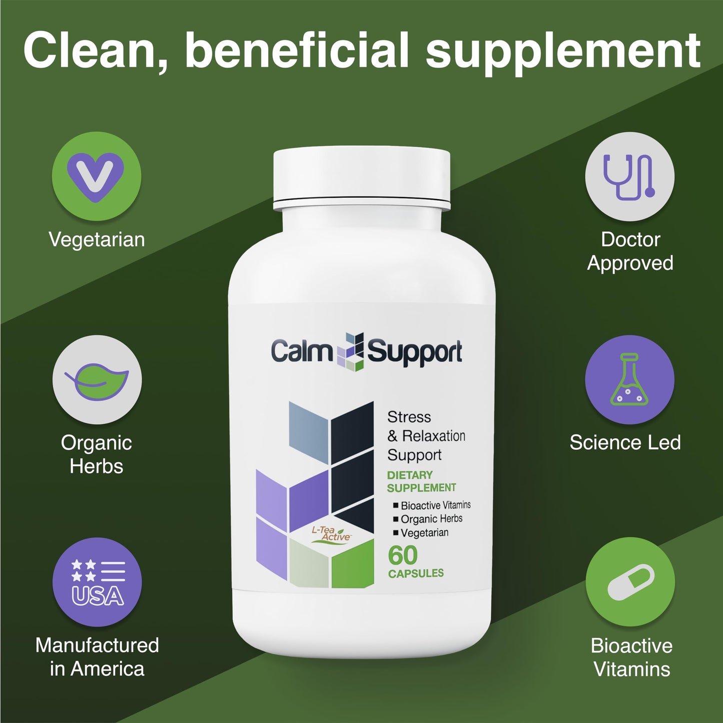 Vitamin Support CalmSupport: Stress & Relaxation Support - Ashwagandha, Passion Flower, Valerian Root, Ginger, GABA, Velvet Bean, Motherwort, Oat Seed, L-Theanine, L-Tryptophan, Folate, C,B1,B6,B12,Zinc - 60 Capsules