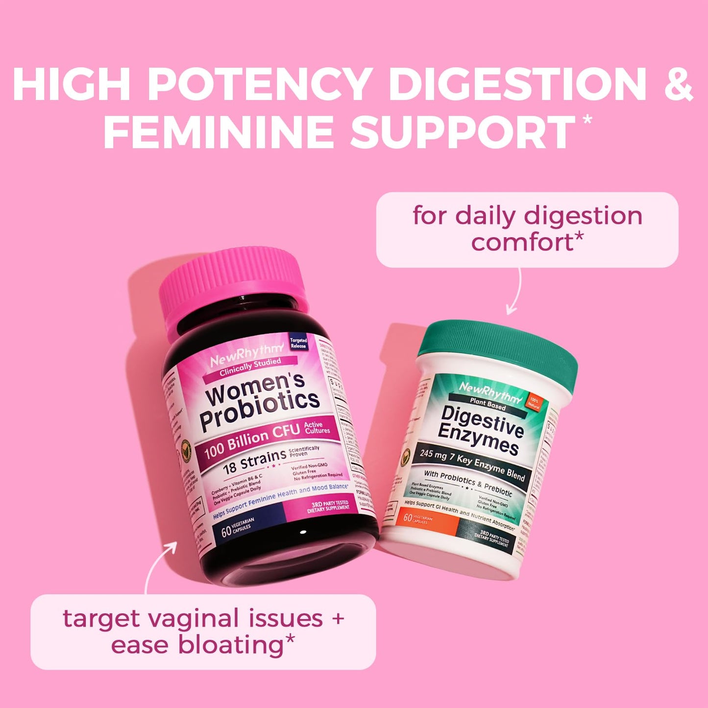 NewRhythm Digestion & Feminine Health Bundle Probiotics, Prebiotics, Digestive Enzymes, Cranberry, Vitamin C & B6, 120 Capsules