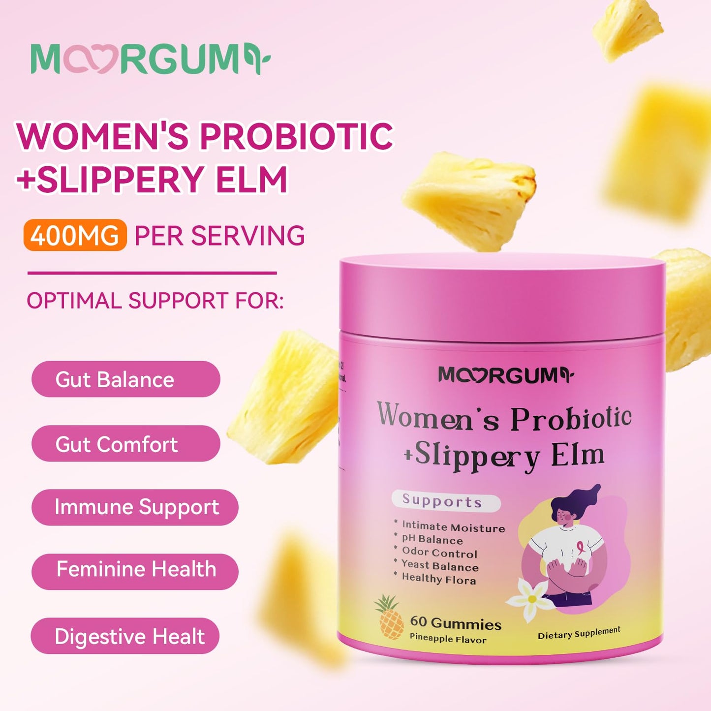 MOORGUMY Women's Probiotic Gummies with Slippery Elm, Prebiotics & Lactobacillus Blend for Gut Health, Women's Wellness, pH Balance & Intimate Support, 60 Gummies