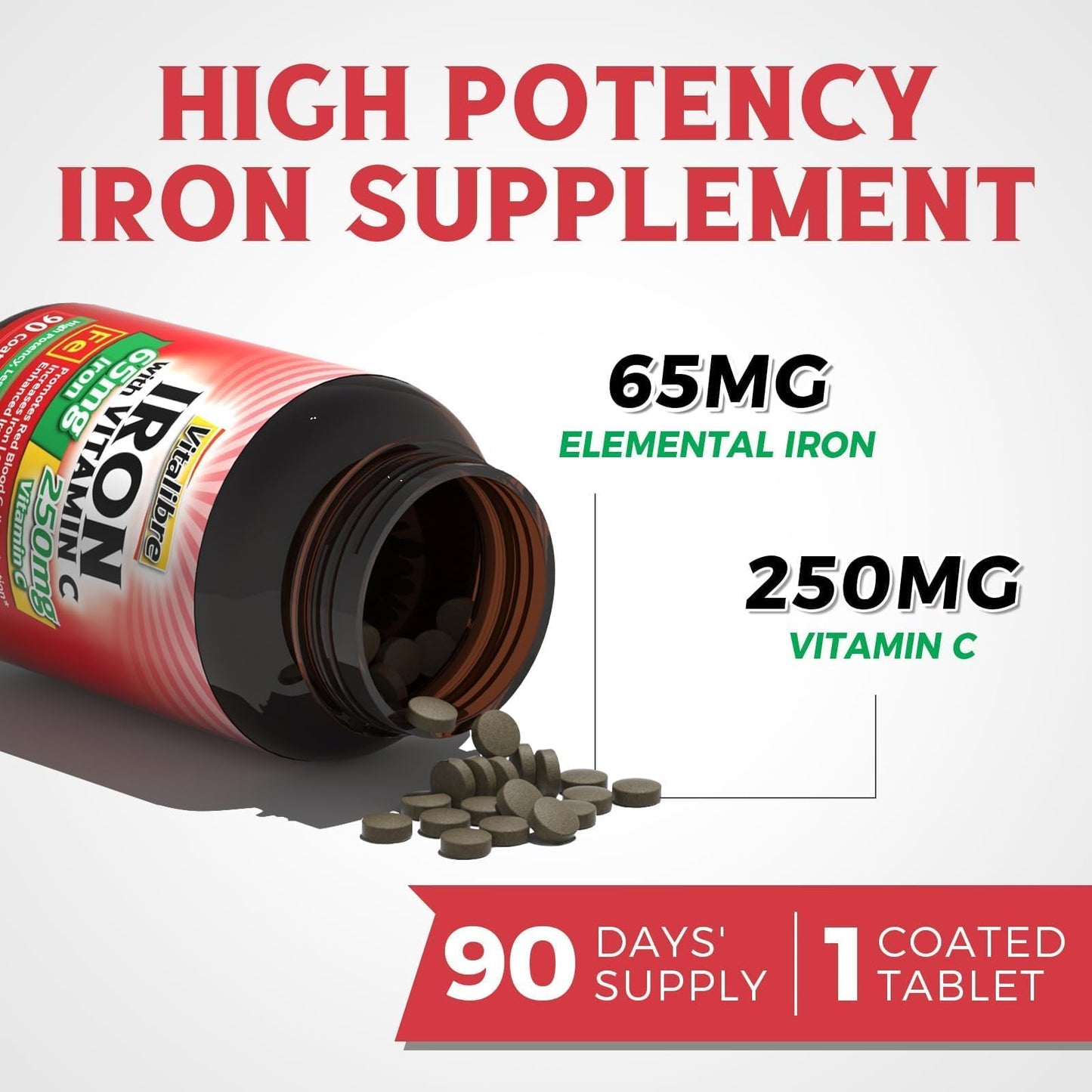 Vitalibre Iron Supplement 65mg Carbonyl Iron with 250mg Vitamin C - Tablets, 90 Count