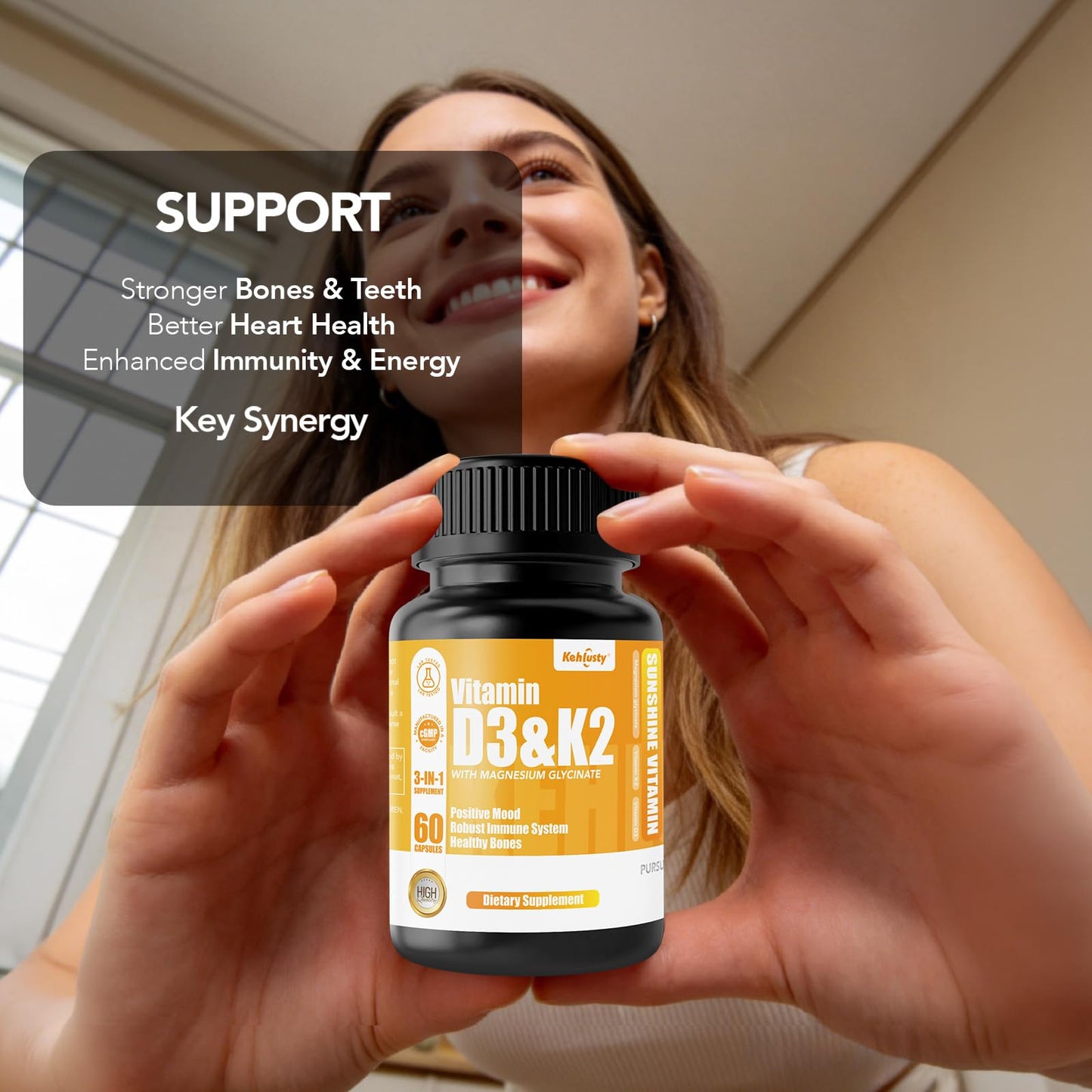 KEHLUSTY Vitamin D3 K2 with Magnesium Glycinate, 4000 IU D3, 100 mcg K2 MK-7, Non-GMO, 60 Gummies