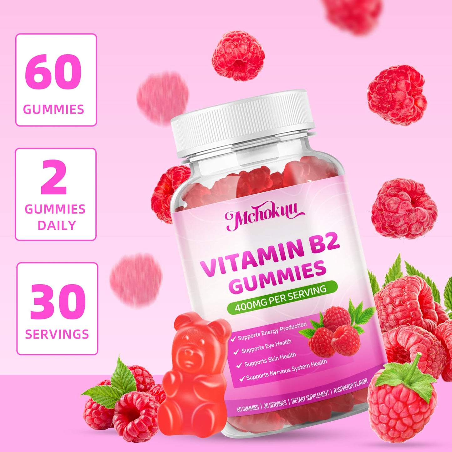 Mchokuu Vitamin B2 Gummies 400mg – Riboflavin Supplement with Magnesium for Kids & Adults, Raspberry Flavor, Sugar Free, Vegan, Non-GMO, 120 Gummies