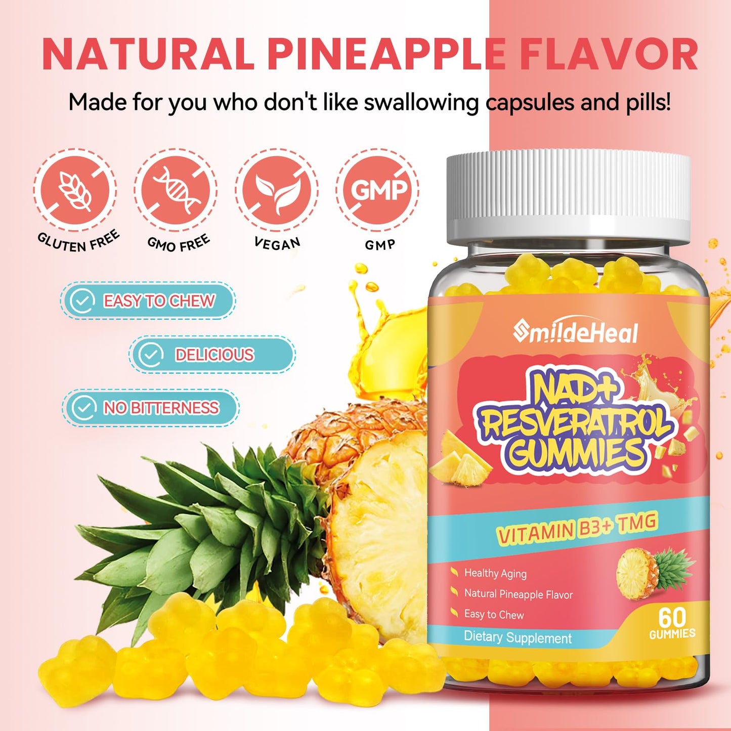 SmildeHeal NAD+ Resveratrol Gummies – NAD+ Supplement 500mg with Vitamin B3 & TMG – Healthy Aging, Energy & Cellular Health Support – Vegan Friendly, Natural Pectin – 60 Gummies