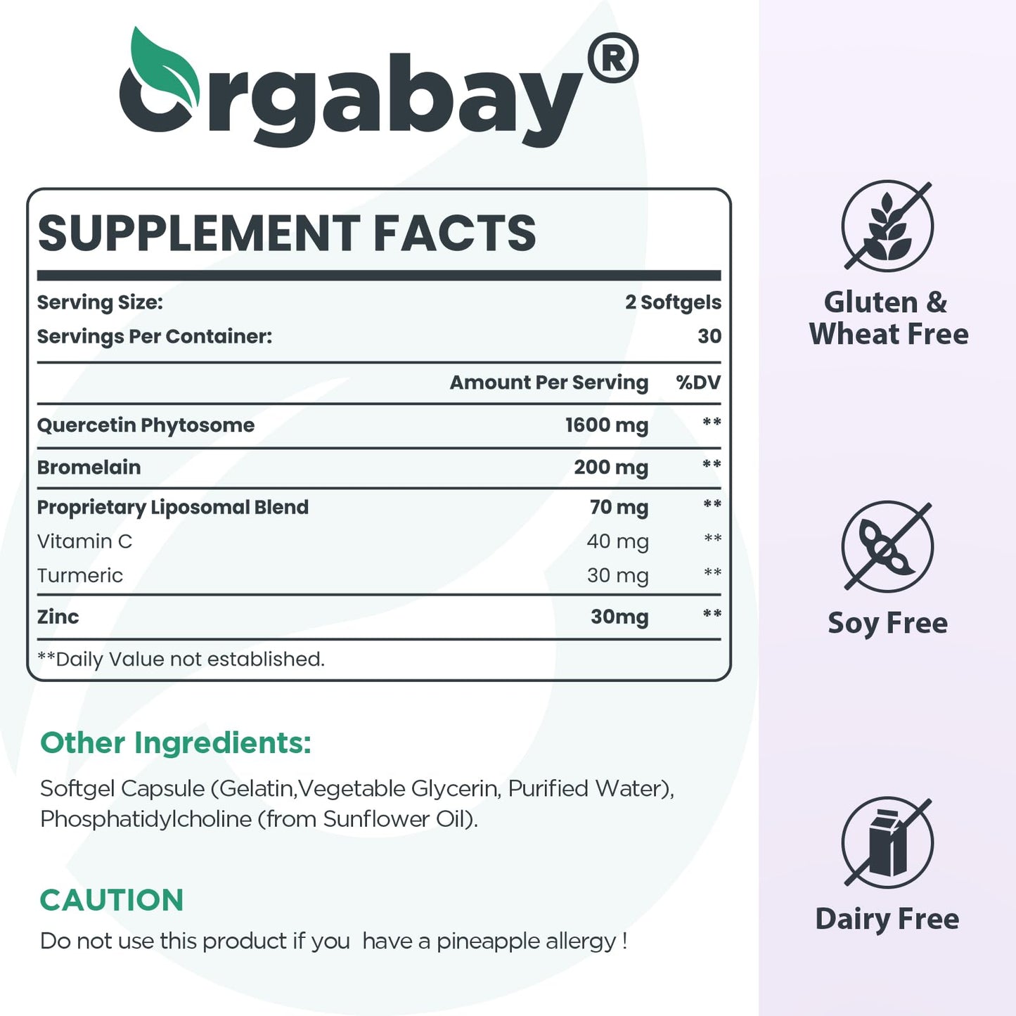 Orgabay Liposomal Quercetin Phytosome 1600 mg Softgels, 120 Count