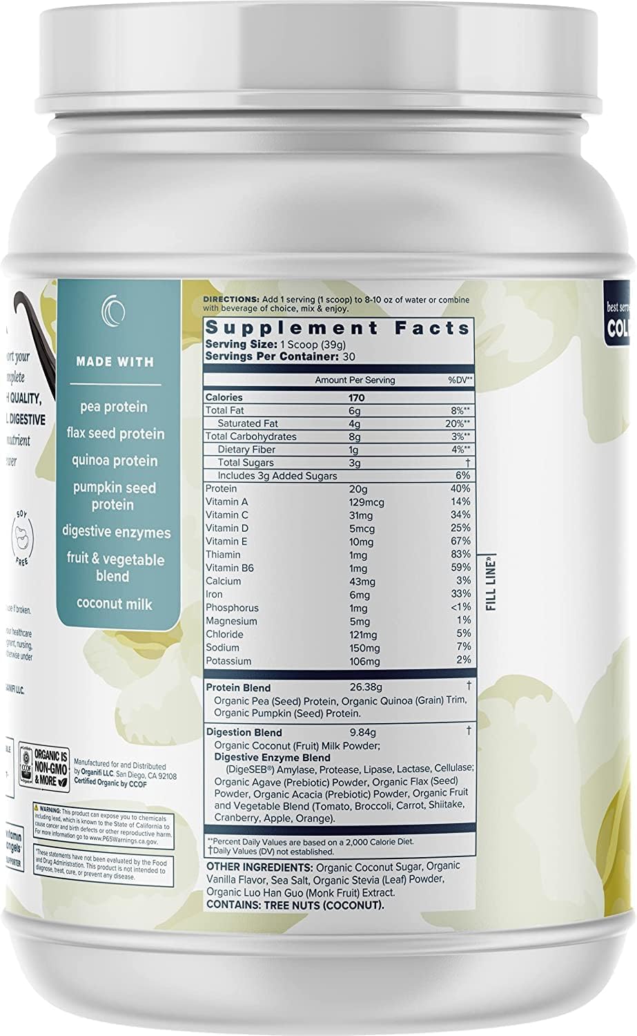 Generic Complete Protein Vanilla Flavor Organic Vegan Plant-Based Protein Powder With Enzymes, 2.7 lb