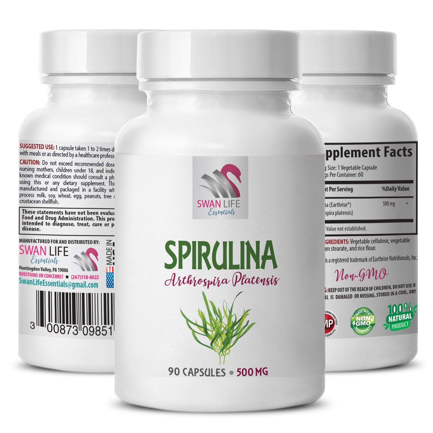 SWAN LIFE ESSENTIALS Spirulina 500 mg Capsules, 60 Count