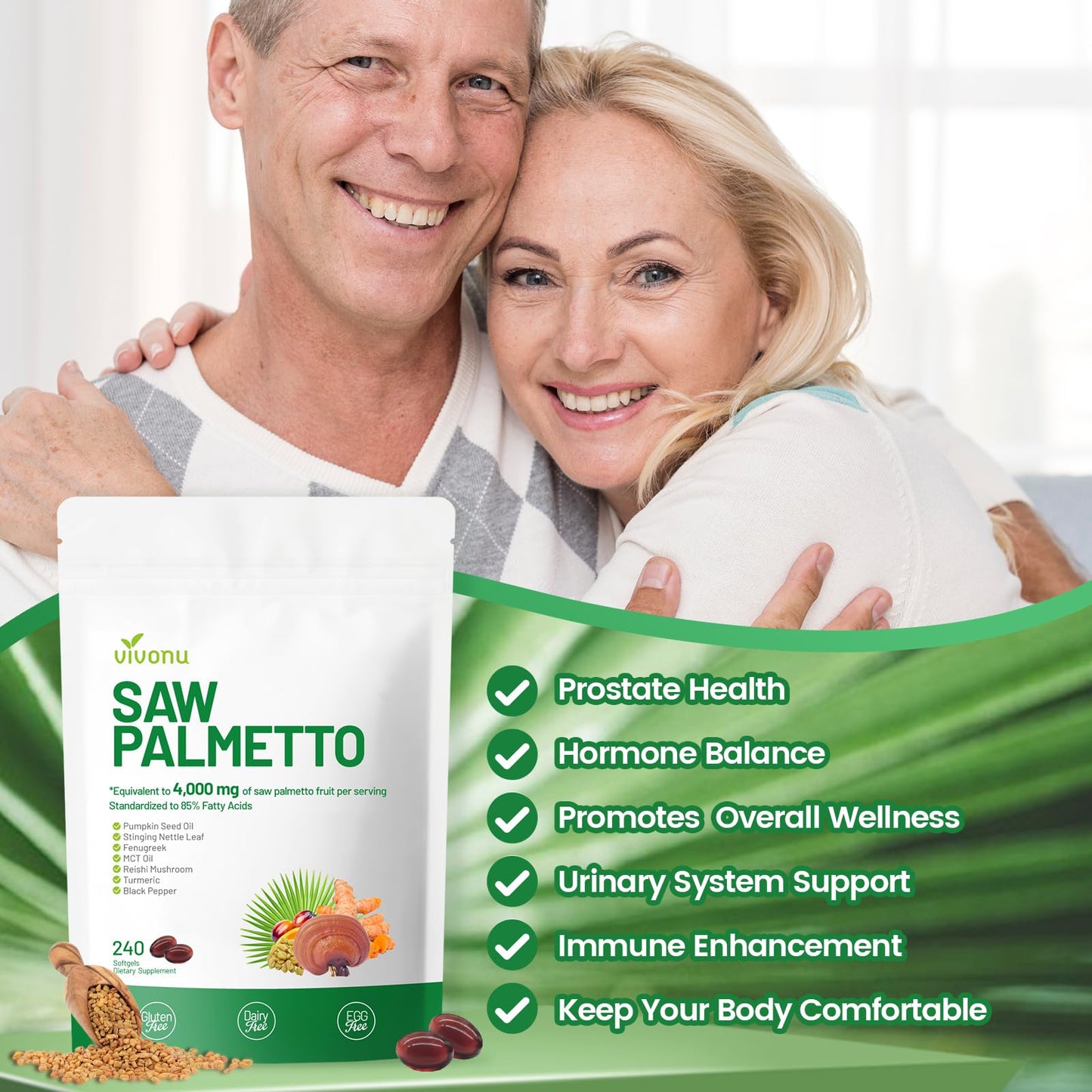 VivoNu Saw Palmetto Capsules Extract 8 in 1, Pumpkin Seed Oil, 240 Softgels