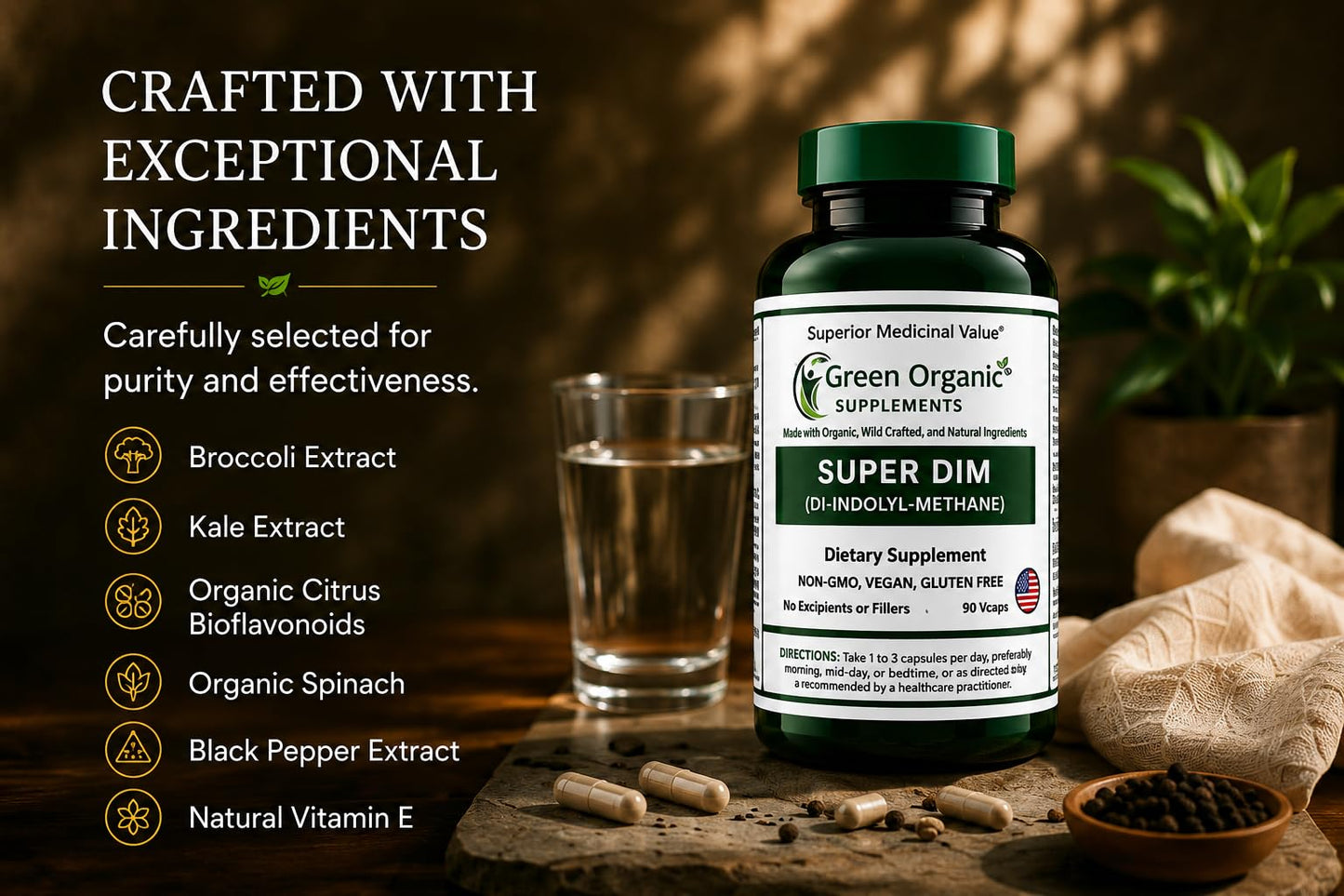 Green Organic Supplements DIM, Diindolylmethane, Indole-3-Carbinol, Broccoli 90 Capsules