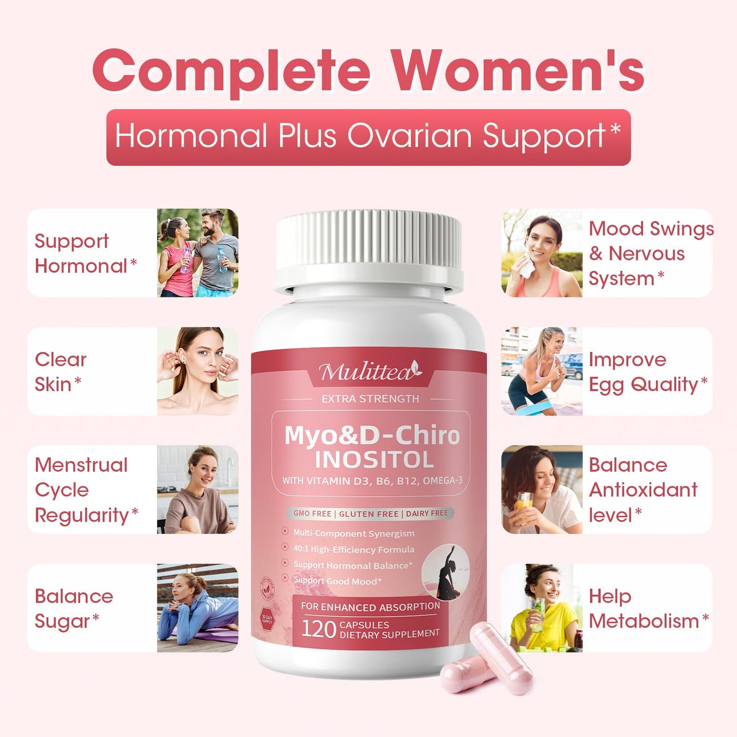 Mulittea Myo-Inositol & D-Chiro Inositol Supplement for Women, 14-in-1 Liposomal Inositol with Folic Acid, Omega-3 & Multivitamin for Hormone Balance, Support Ovarian, Skin & Mood, 120 Vegan Capsules