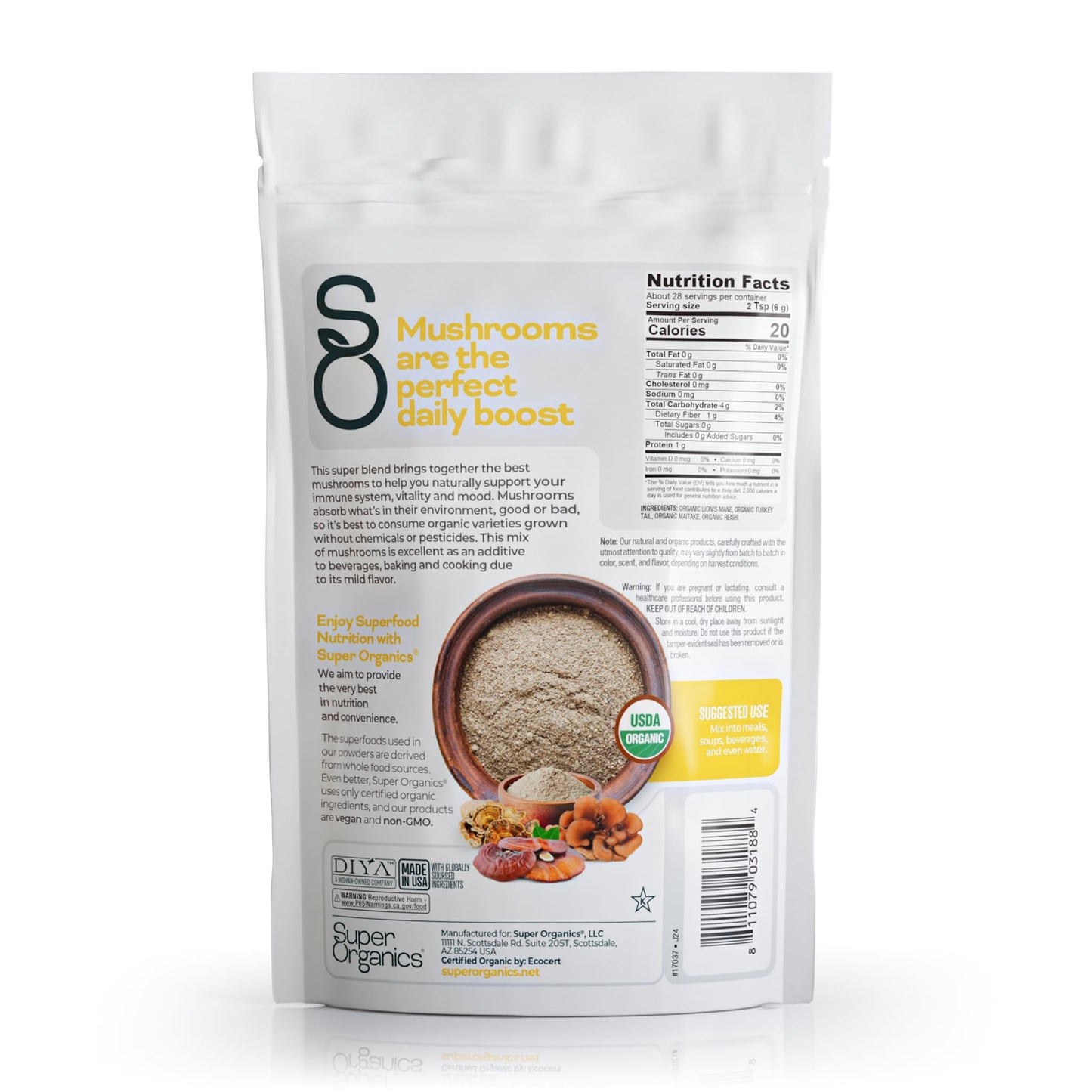 Super Organics Mushroom Memory Blend Powder – Organic Superfood Mushroom Supplement with Lion’s Mane, Reishi, Maitake & Turkey Tail, Vegan Adaptogenic Powder, 6 oz