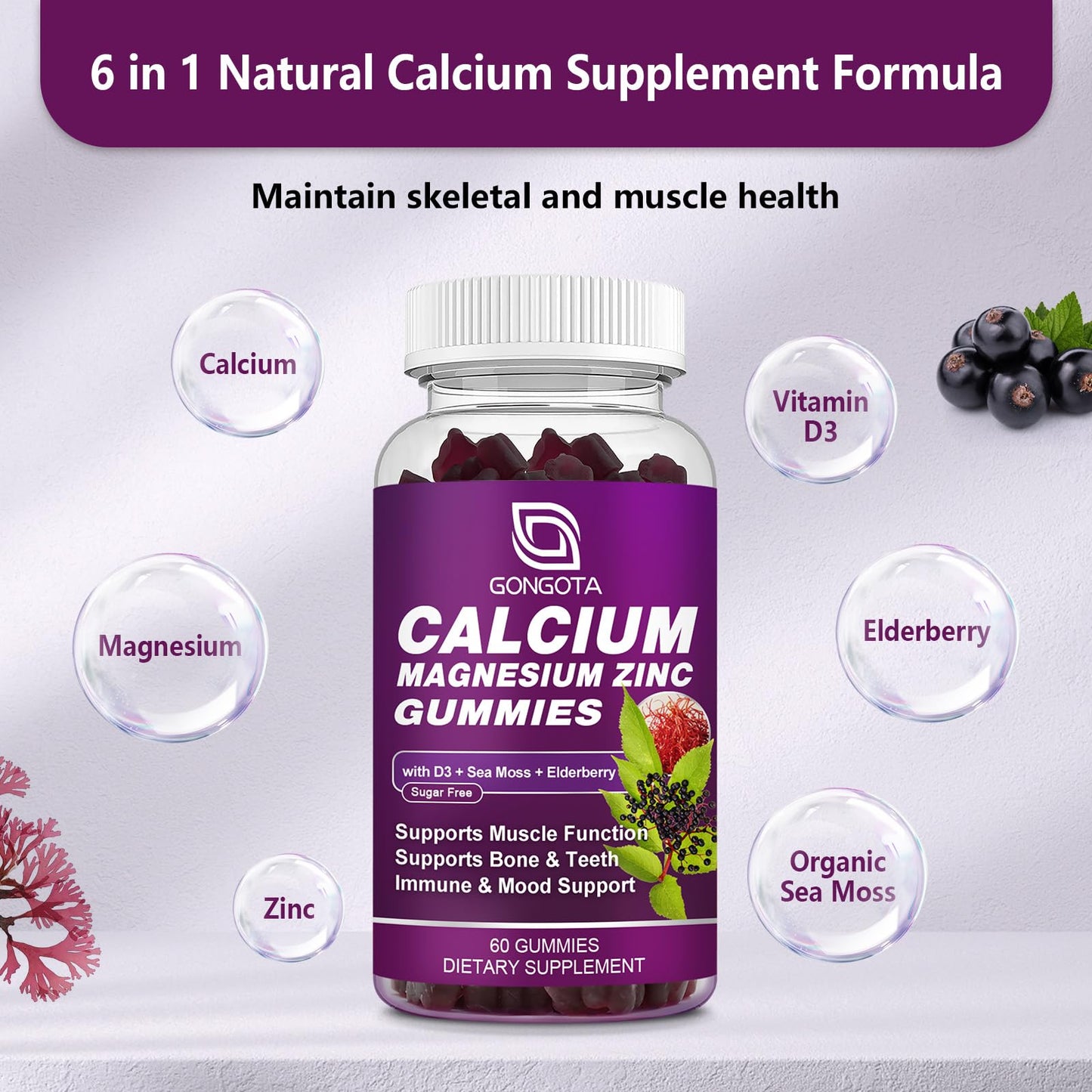 GONGOTA Calcium Magnesium Zinc with Vitamin D3 Supplement Gummy 60 Count