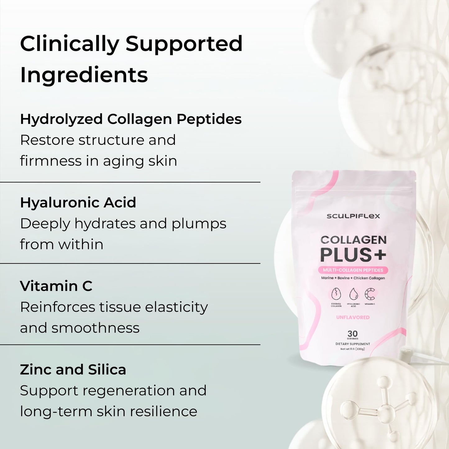 SCULPIFLEX Hydrolyzed Collagen Peptides Powder, Multi Collagen Complex (Marine, Bovine, Chicken), Unflavored, with Hyaluronic Acid, 11.6