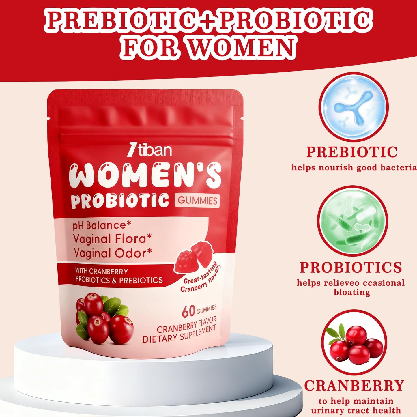 Itiban Vaginal Probiotics Gummies for Women, Premium Feminine pH Balance, Yeast Balance & Flora + Vitamin C for Immune Support, Cranberry Flavor, 60 Gummies