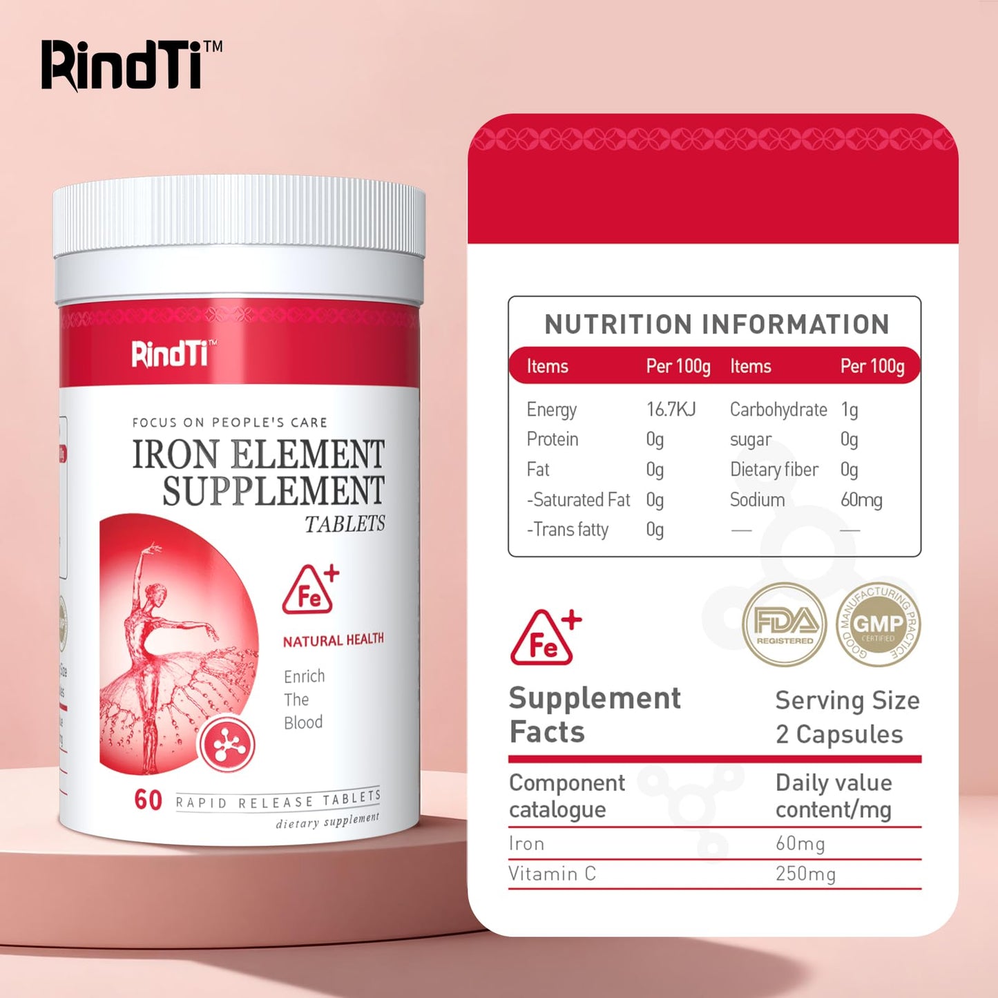 RindTi Gentle Iron Supplement Tablets for Women and Adults, 60 Tablets