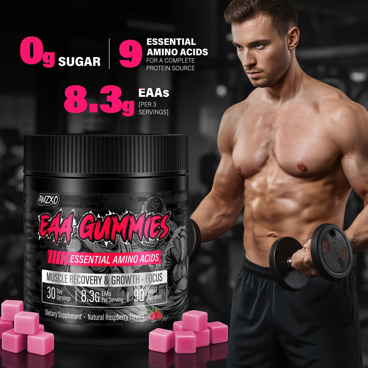 AMZXO EAA Gummies 2:1:1 BCAA Formula (8300mg) Raspberry Flavor Gummy, 90 Count