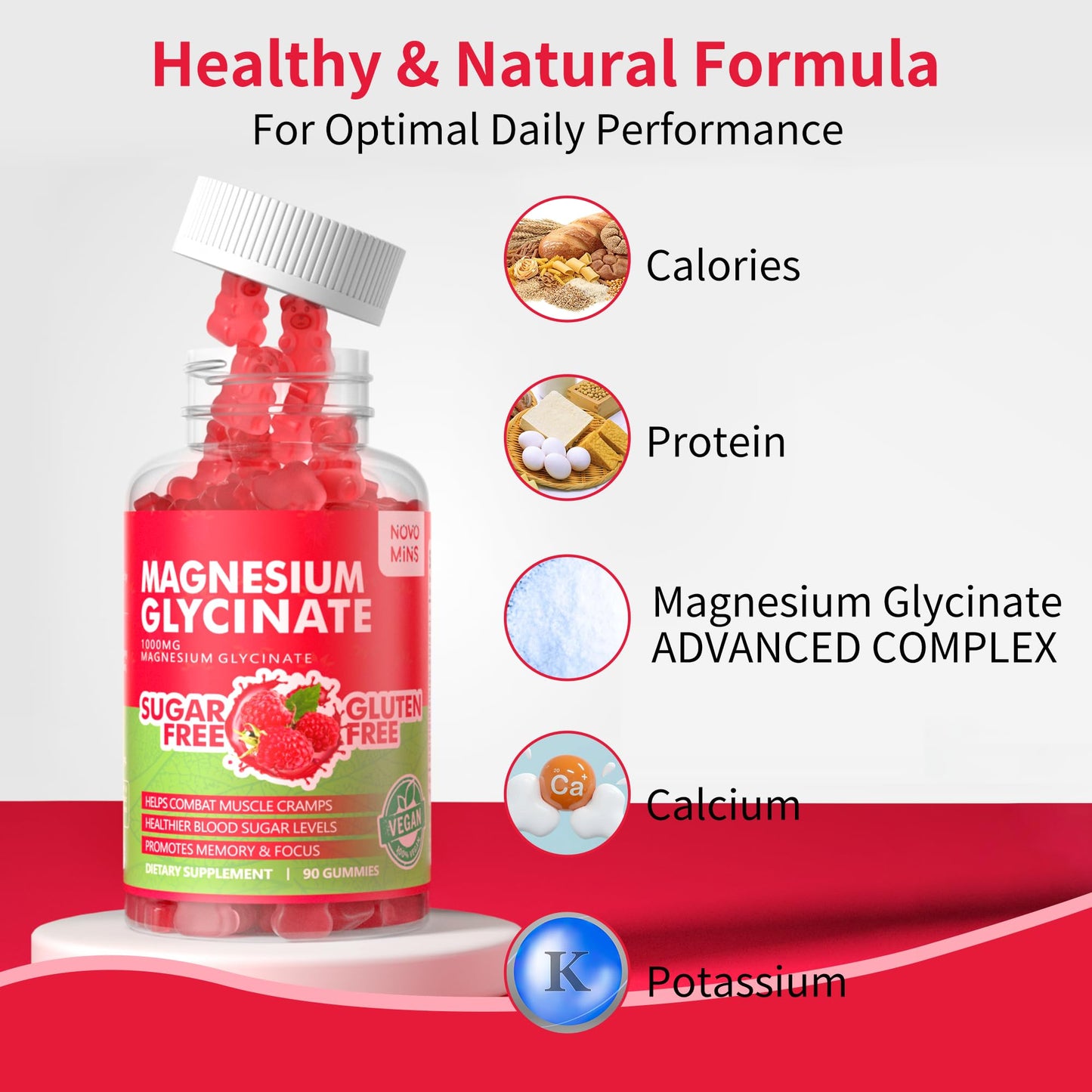 Novomins Magnesium Glycinate Gummies 1000mg with Vitamin D, B6, CoQ10 for Calm Mood and Sleep Support, Raspberry, 180 Gummies
