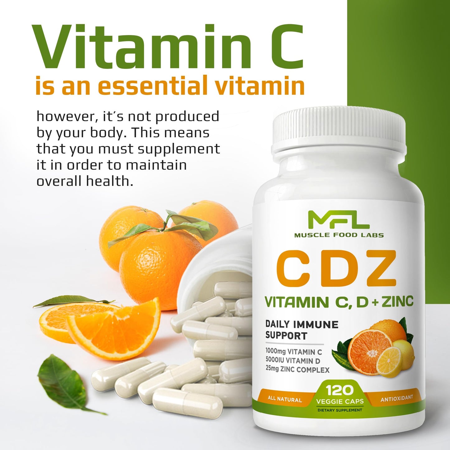Muscle Food Labs CDZ Vitamin C 1000mg, Vitamin D3 125mcg, Zinc 25mg Non-GMO Gluten Free Powder, 2 Pack