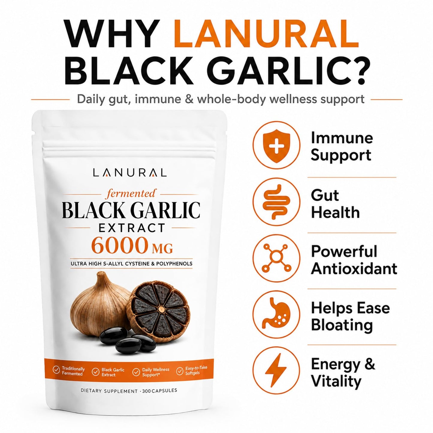Lanural organic Fermented Black Garlic Softgels 6000mg, 300 Softgels