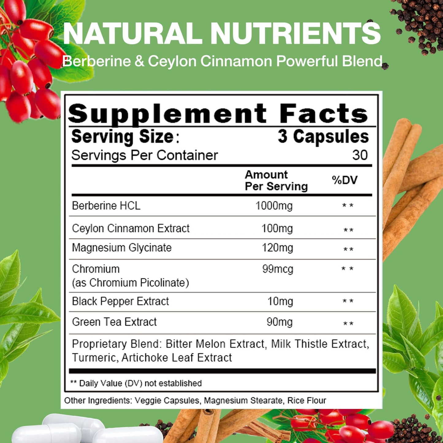 Nature Aurora Berberine Supplement with Cinnamon & Chromium Picolinate Capsules, 90 Count