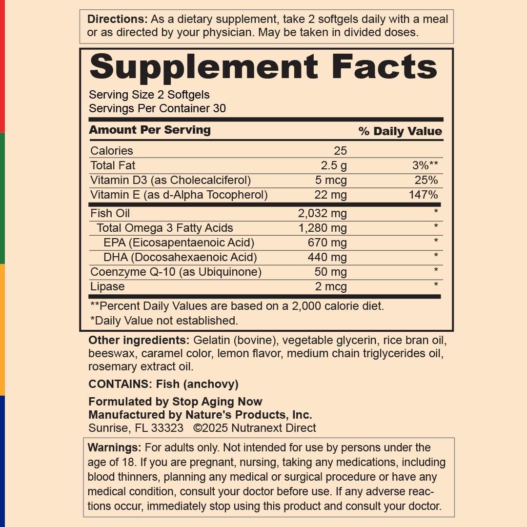 Stop Aging Now Fish Oil Omega-3 Supplement with EPA & DHA Softgels 60
