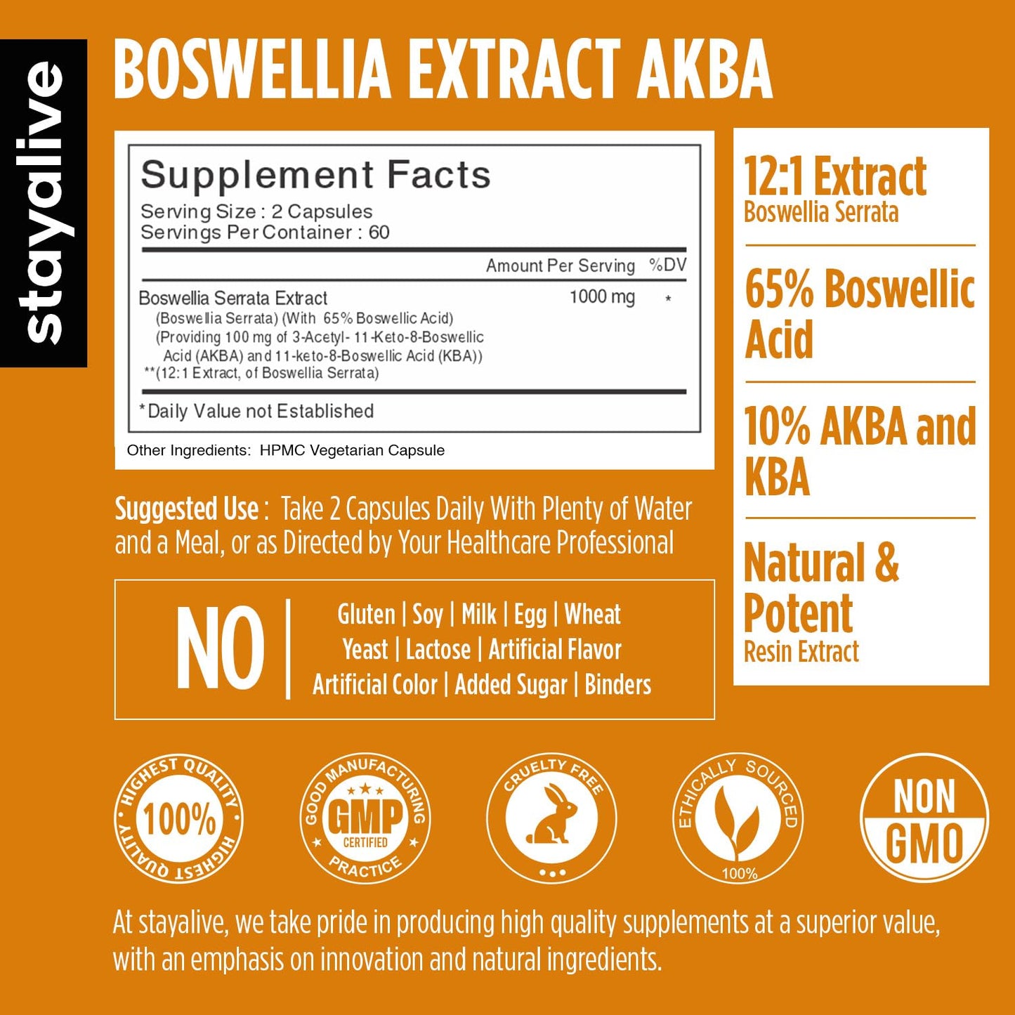 STAY ALIVE Boswellia Serrata Extract Capsules 1000mg with AKBA and 65% Boswellic Acid, 12:1 Resin Extract Powder, 120 Count