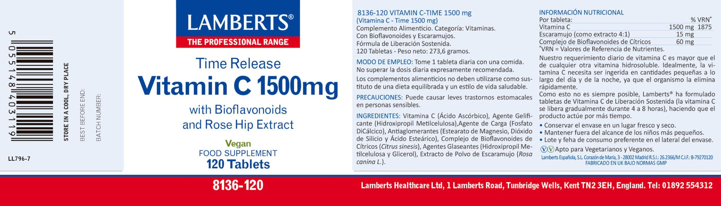 Lamberts Vitamin C Time Release with Bioflavonoids 1500mg, 120 Tablets