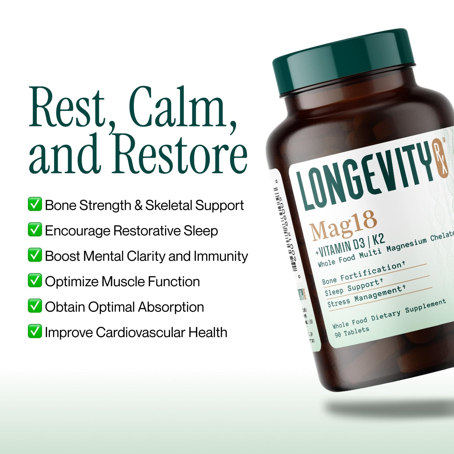 Longevity Rx Mag18 Peptide-Bound Magnesium Complex with D3 & K2, Capsule, 90 Count