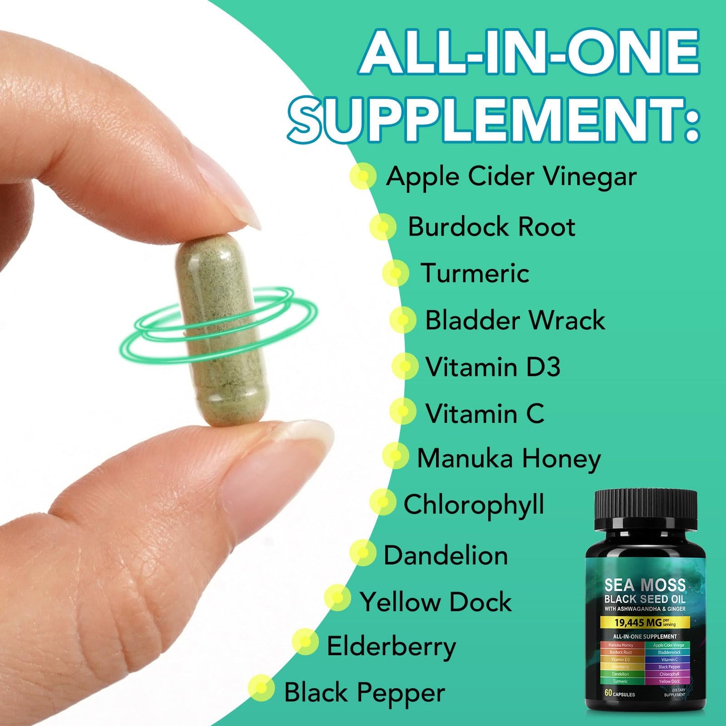 HUYEHF Sea Moss & Black Seed Oil Capsule with Ashwagandha, Ginger, Turmeric, Burdock Root, Bladderwrack, Vitamin C & Vitamin D3, Enhanced Immunity & Energy, 60 Count