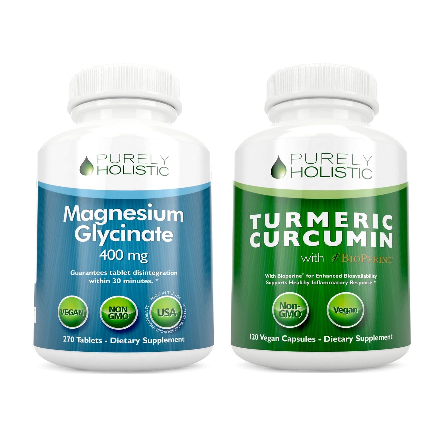 Purely Holistic Magnesium Glycinate 400mg + Organic Turmeric Curcumin 700mg with Bioperine Providing 95% Curcuminoids, Capsules, Tablets, 2-Pack