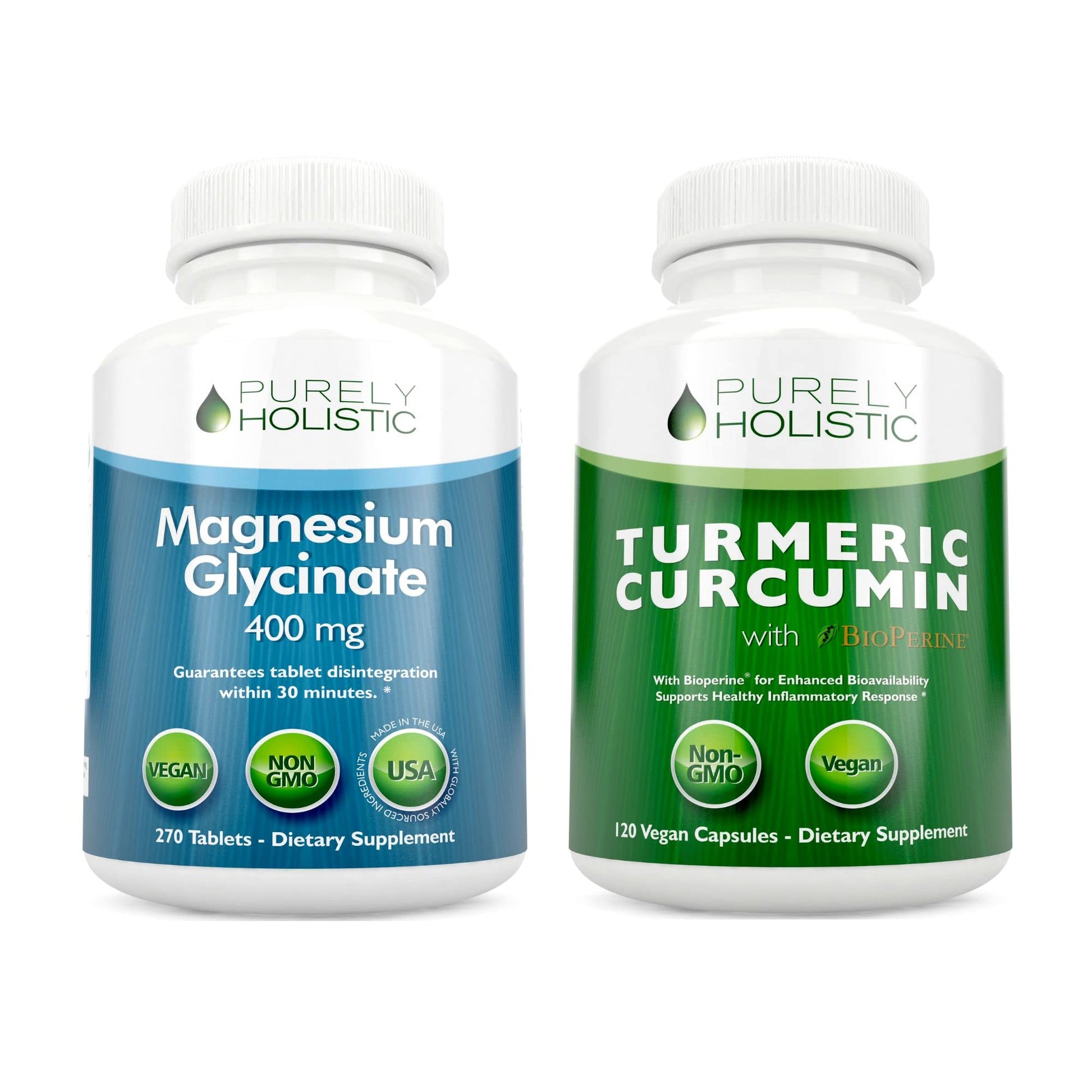 Purely Holistic Magnesium Glycinate 400mg + Organic Turmeric Curcumin 700mg with Bioperine Providing 95% Curcuminoids, Capsules, Tablets, 2-Pack