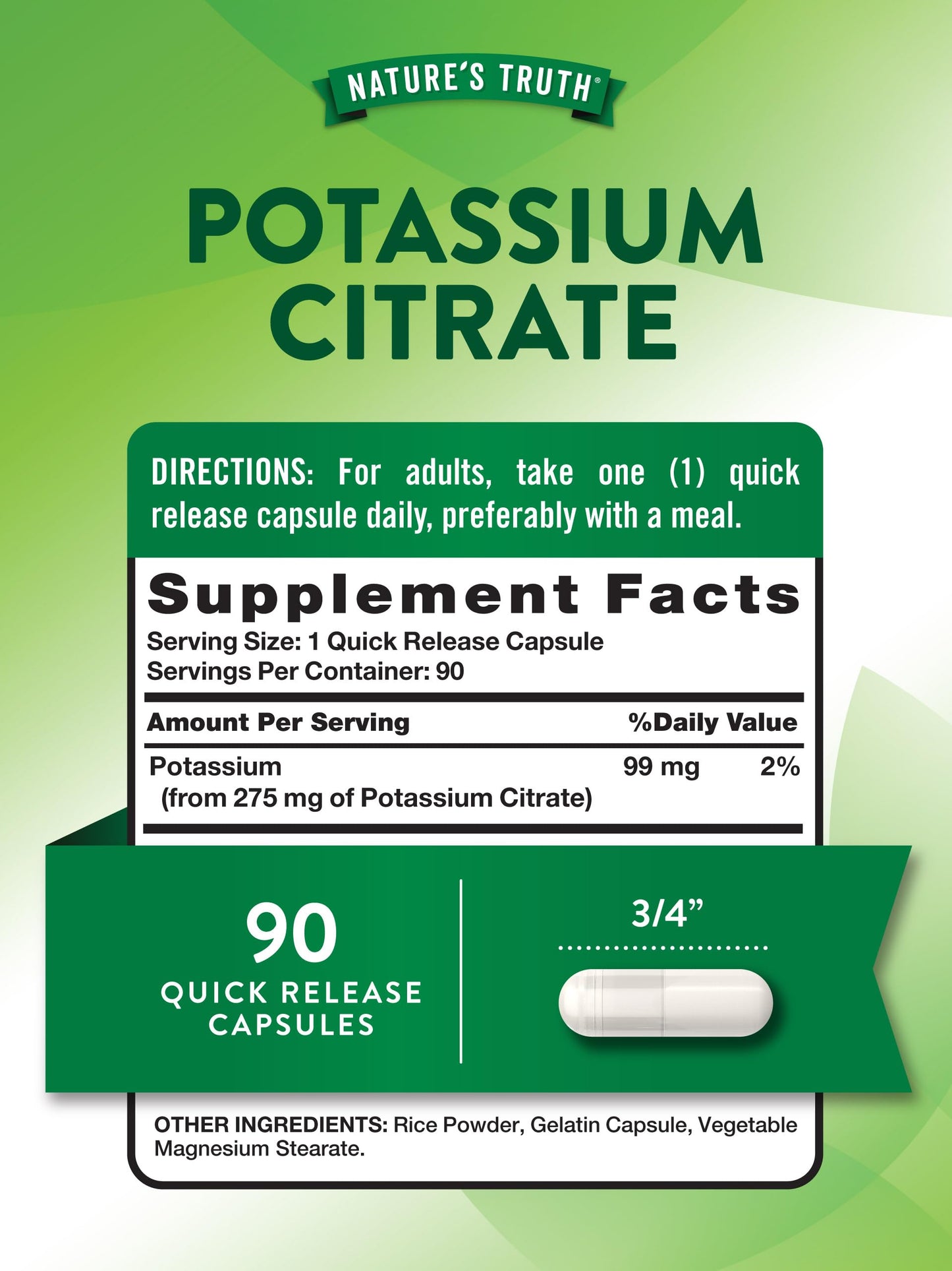 Nature's Truth Potassium Citrate Supplement 275mg Capsules, 90 Count