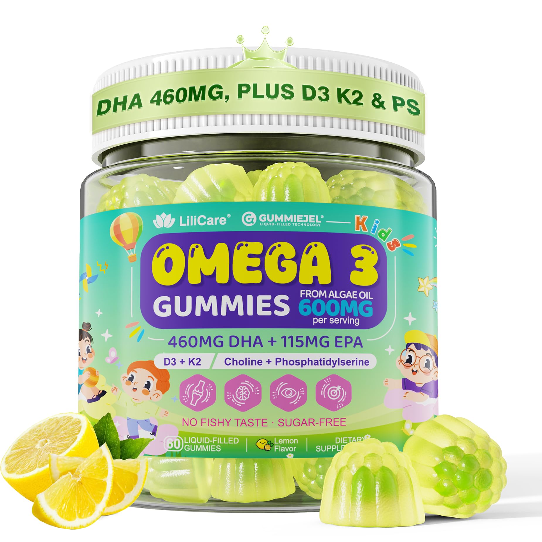 LILICARE Omega-3 for Kids 4+ DHA Gummies Plus EPA from Algae with Vitamin D3 K2, Choline & PS, Zero Sugar, 60 Gummies