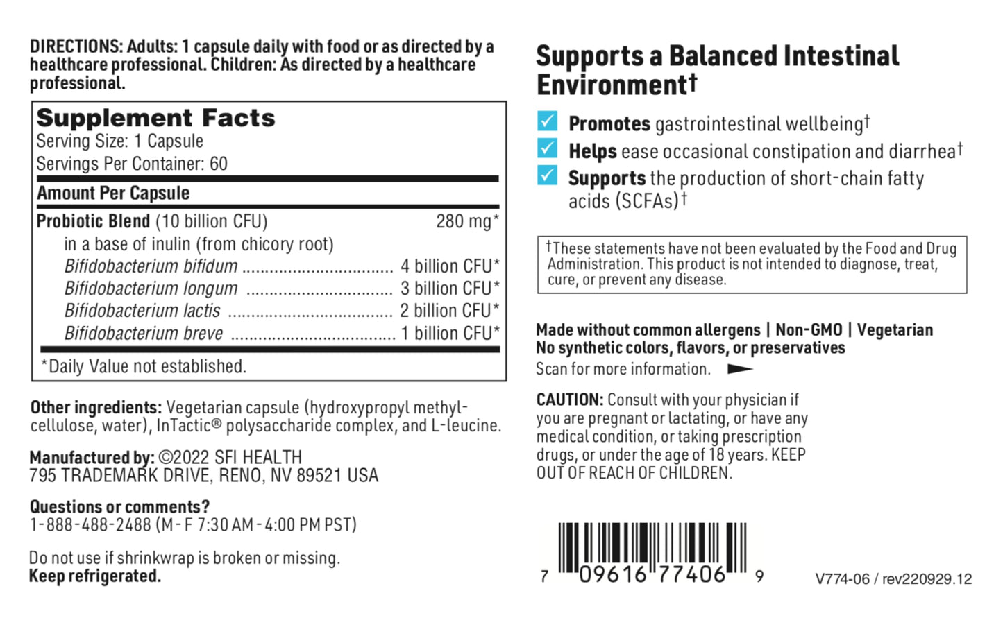 SFI Health Ther-Biotic Factor 4-100% Bifidobacterium Probiotic - Bifidobacterium Bifidum with Breve, Lactis & Longum - Immune & Gut Health Support - Hypoallergenic 120 Capsules