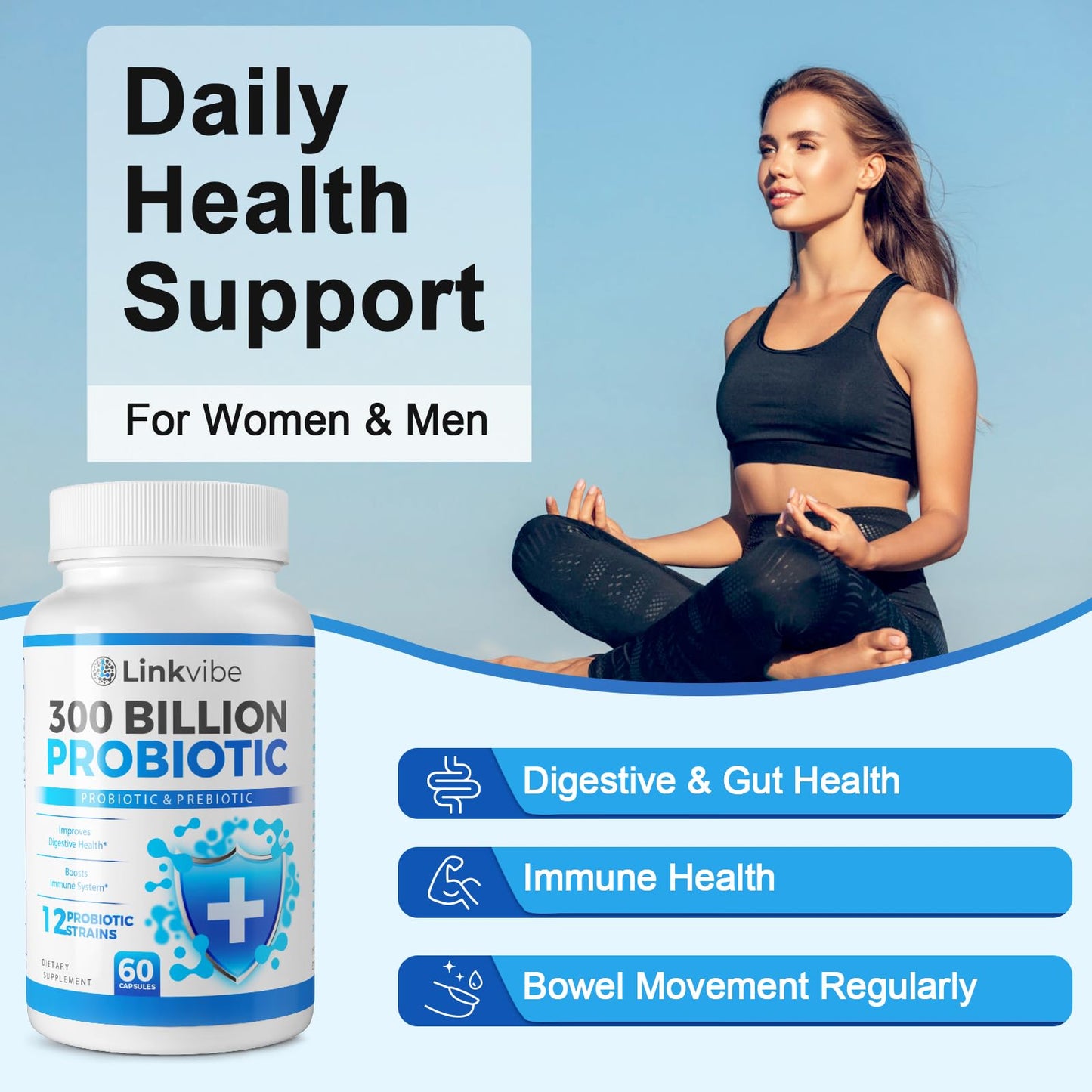 Linkvibe Probiotic 300 Billion CFU - 12 Strains with Organic Prebiotics for Digestive & Gut, Immune, Bloating Health - Probiotics for Women and Men - Daily Dairy Free, Shelf Stable Capsules 60 Count