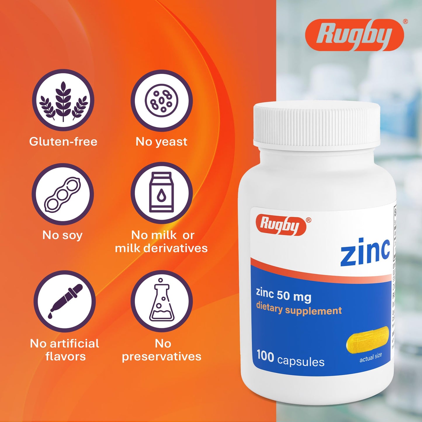 Rugby Laboratories Zinc 50 mg Tablets, 100 Count