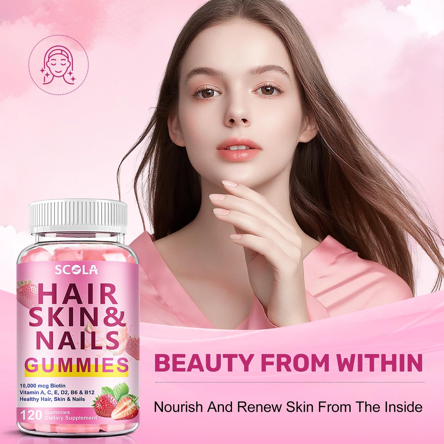SCOLA Hair Skin and Nails Biotin 10,000mcg Gummies 120 Count