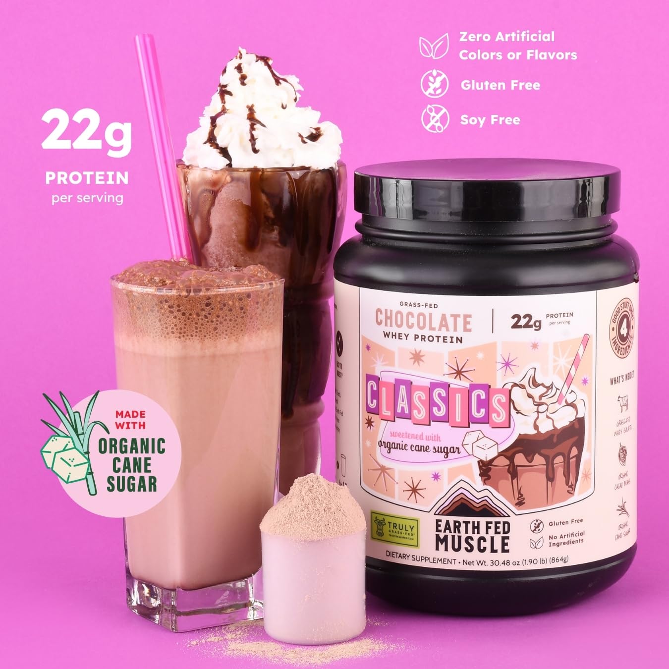 Earth Fed Muscle Classics Chocolate Grass-Fed Whey Protein Powder, 30 Servings