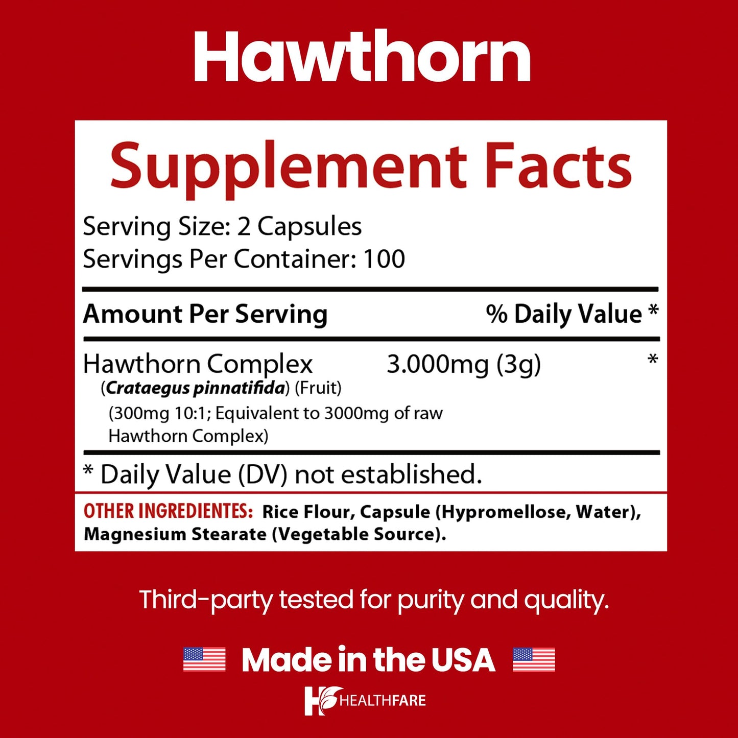 Healthfare Hawthorn Berry Supplement Extract 3000mg Capsules, 200 Count
