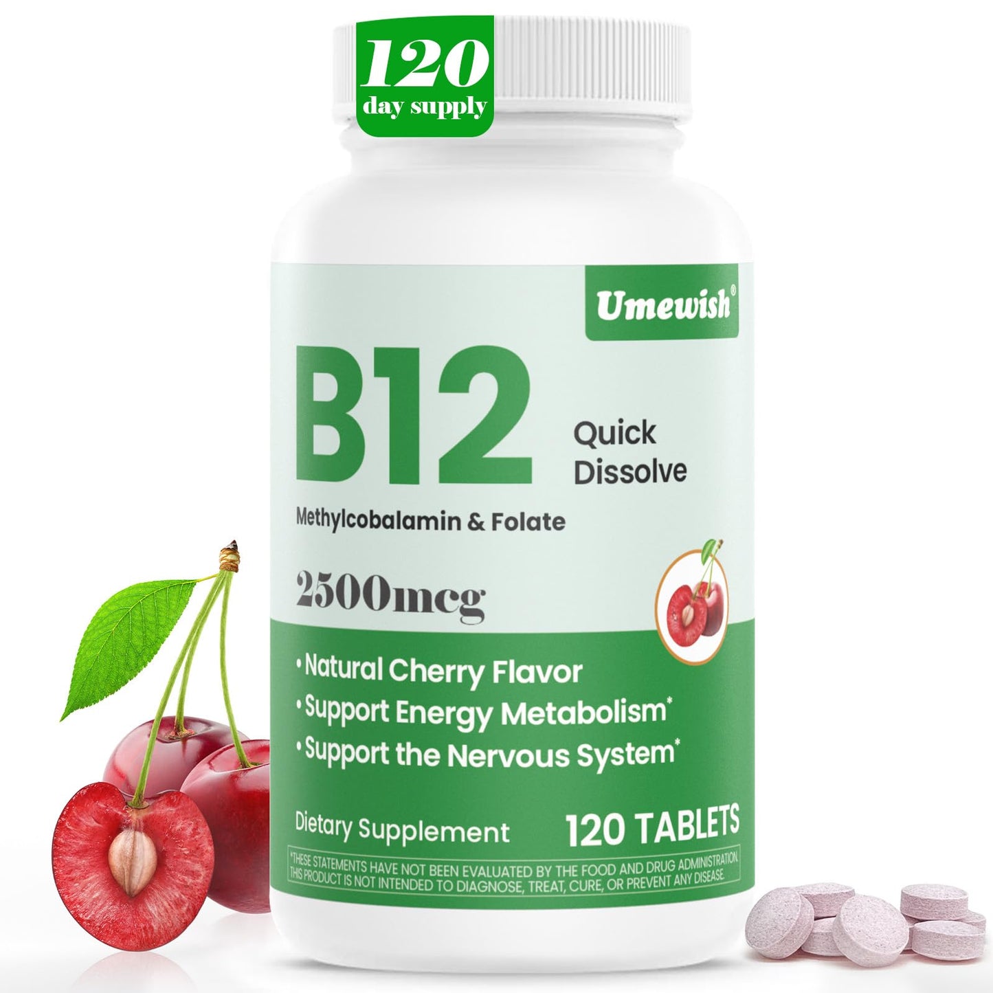 UMEWISH Vitamin B12 Methylcobalamin Dissolvable Tablet 2500 mcg with Folic Acid Cherry Flavor, 120 Tablets